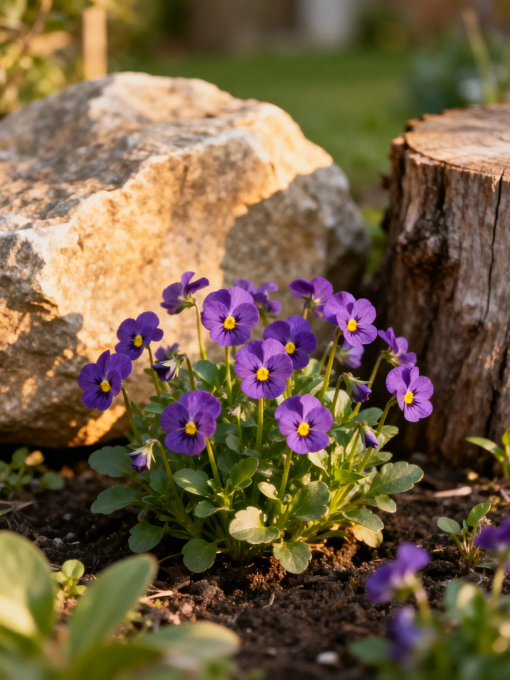 Vibrant purple flowers cluster beside a large rock and tree stump in a garden.