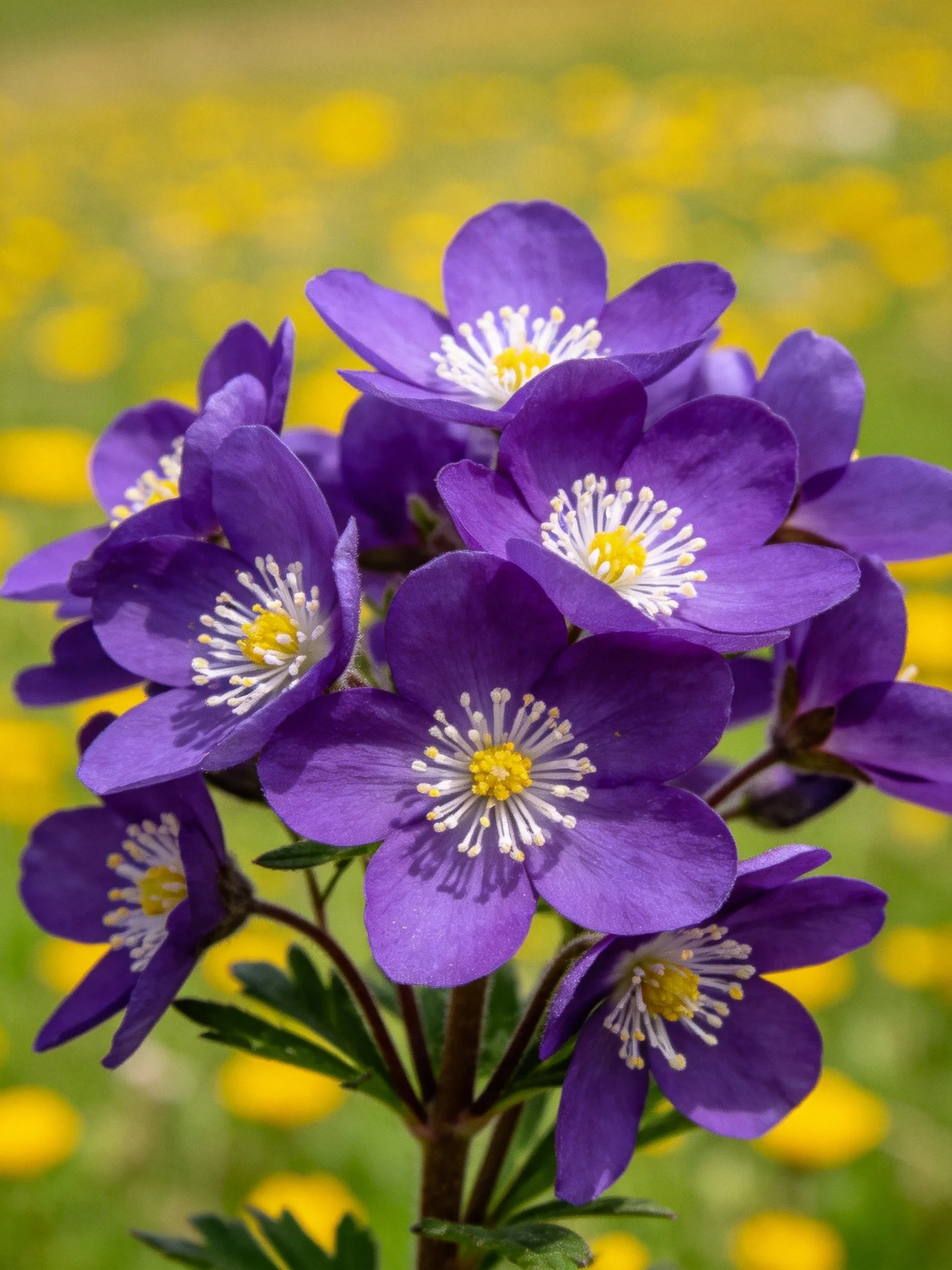 Vibrant purple flowers cluster with soft yellow floral backdrop