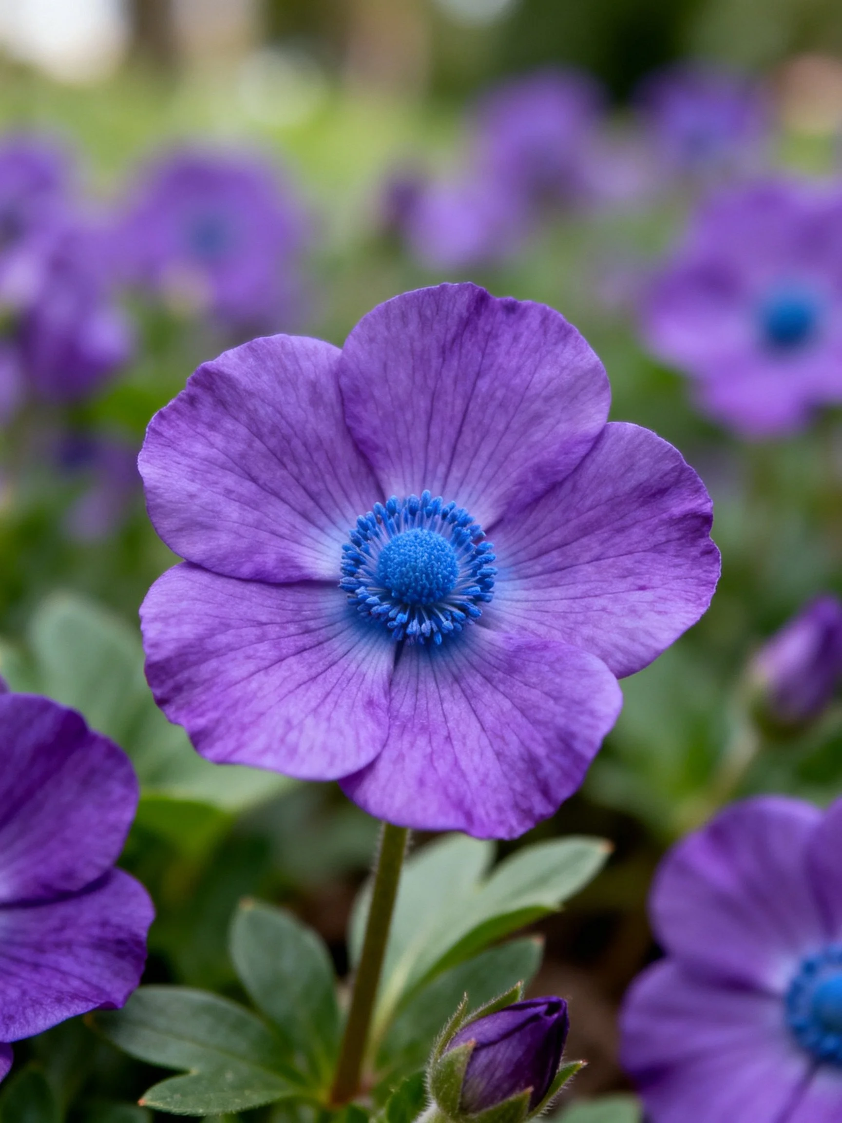 Vibrant purple flowers with blue centers among greenery
