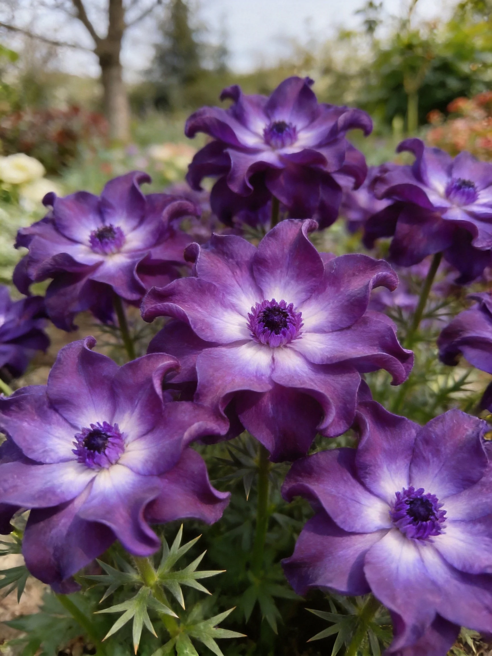 Vibrant purple flowers with ruffled petals in a garden setting