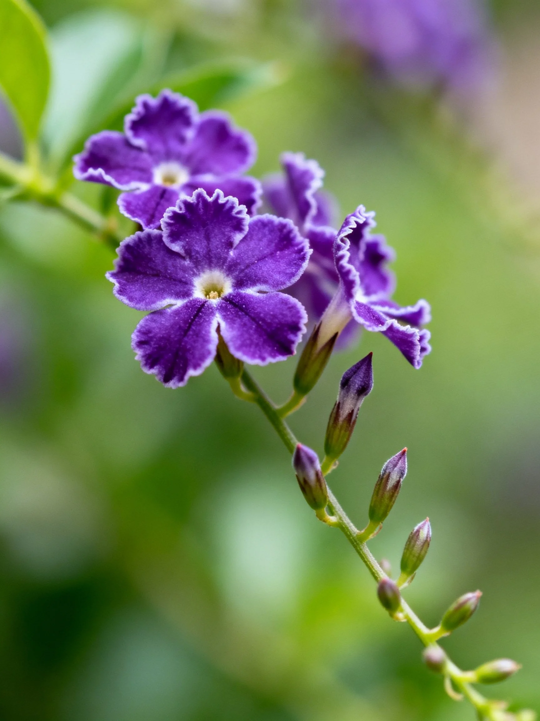 Vibrant purple flowers with white-edged petals and green foliage