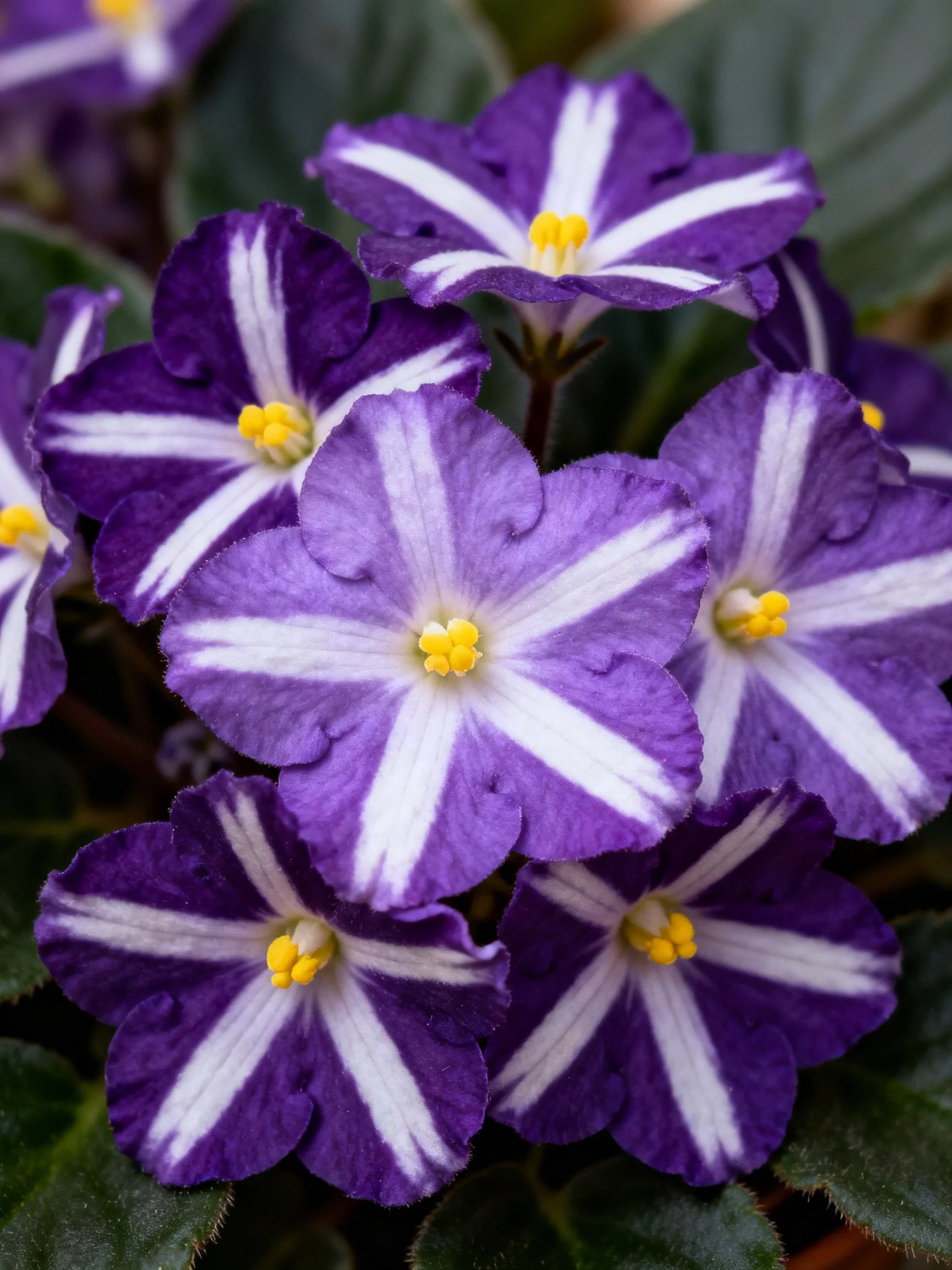 Vibrant purple flowers with white stripes and yellow centers