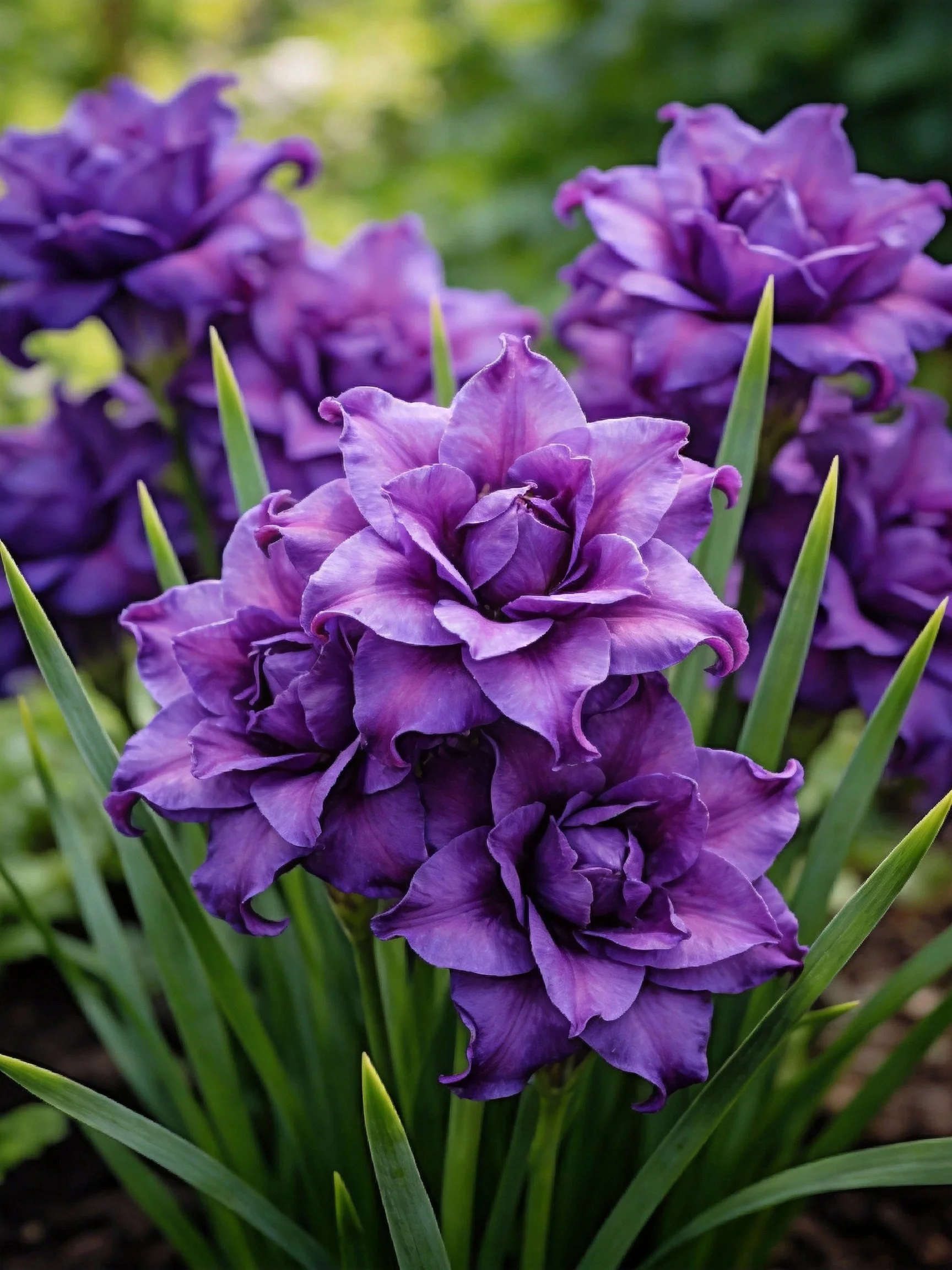 Vibrant purple gladiolus blooms with lush green foliage