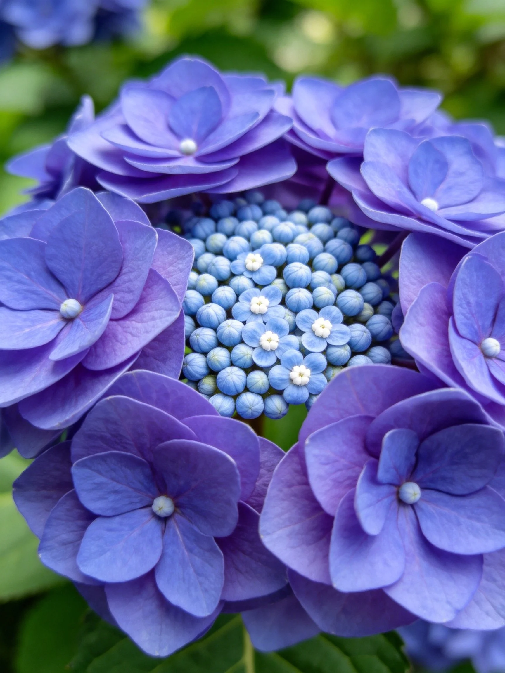 Vibrant purple hydrangea blooms with blue central buds