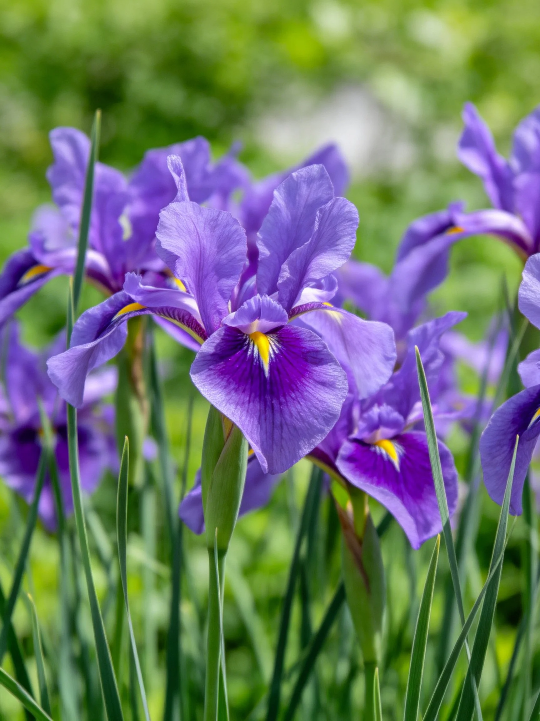Vibrant purple iris blooms amidst lush green foliage
