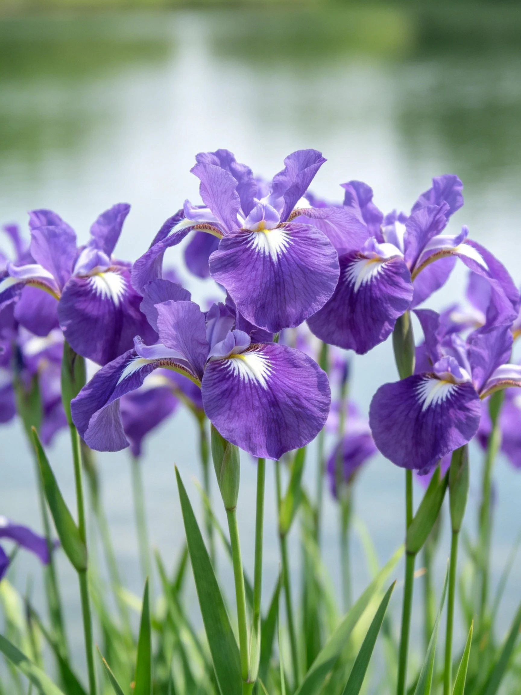 Vibrant purple iris blooms clustered near a tranquil water source