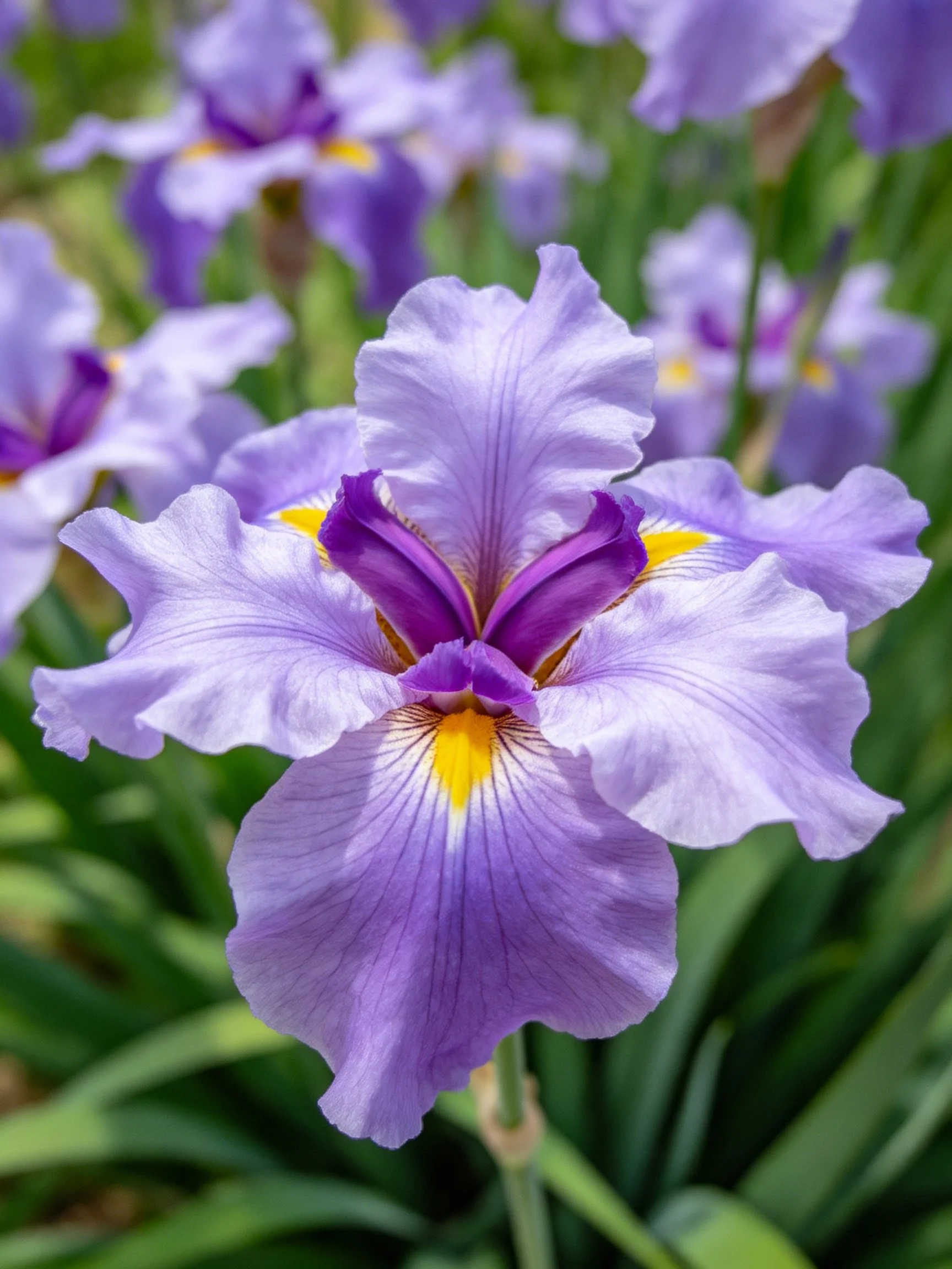 Vibrant purple iris flower with yellow center accents