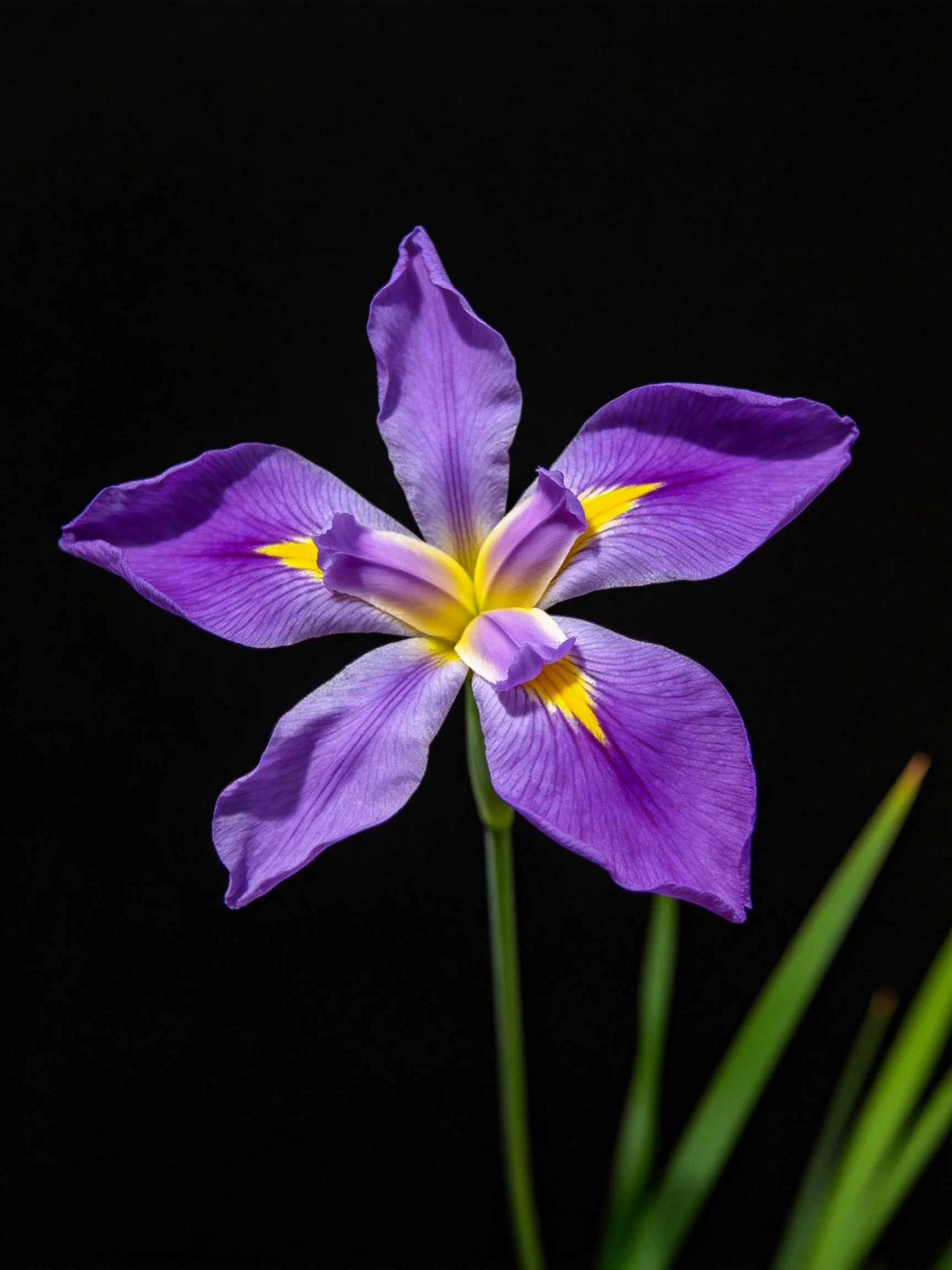 Vibrant purple iris with yellow accents on black