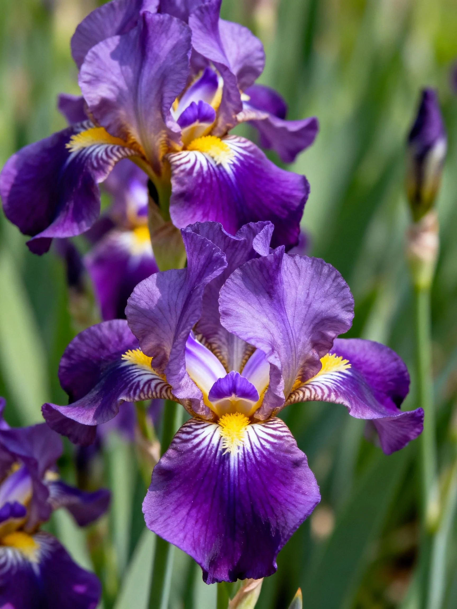 Vibrant purple irises with yellow centers amidst green foliage