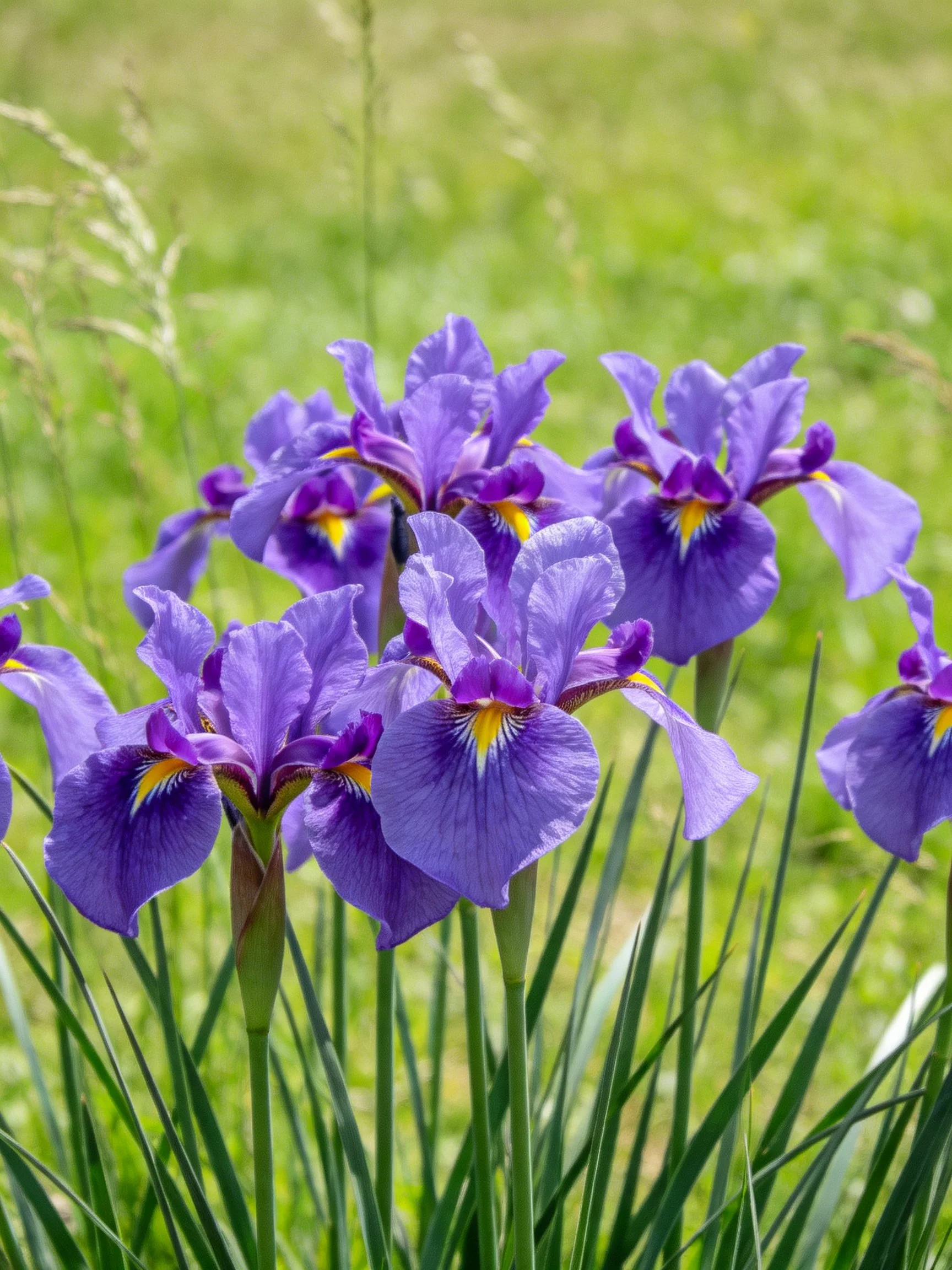 Vibrant purple irises with yellow centers thrive among green grasses