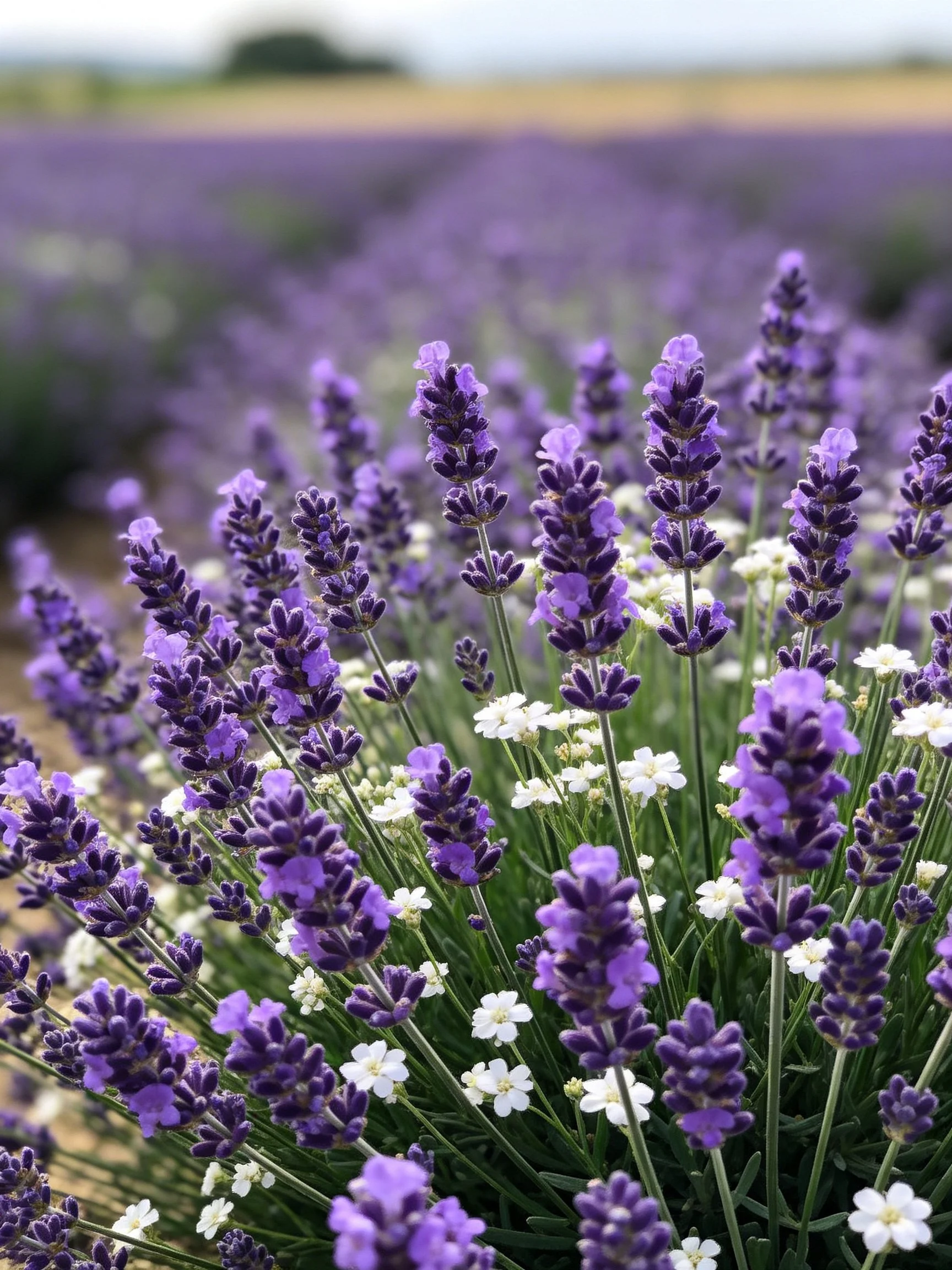 Vibrant purple lavender blooms alongside delicate white flowers