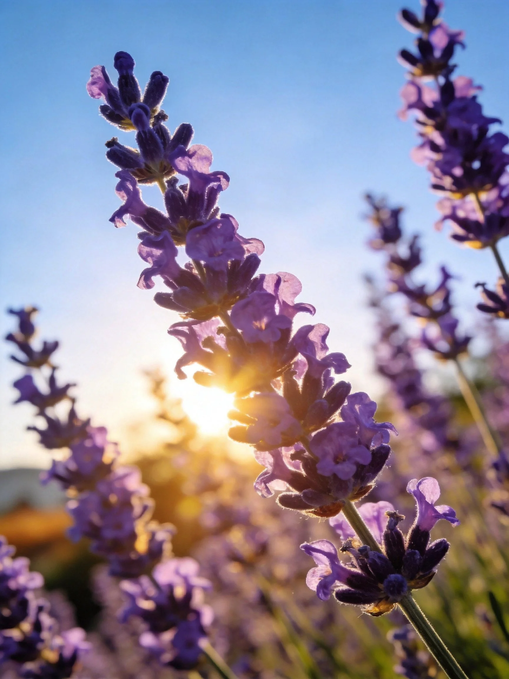 Vibrant purple lavender blooms illuminated by golden sunlight under clear blue sky