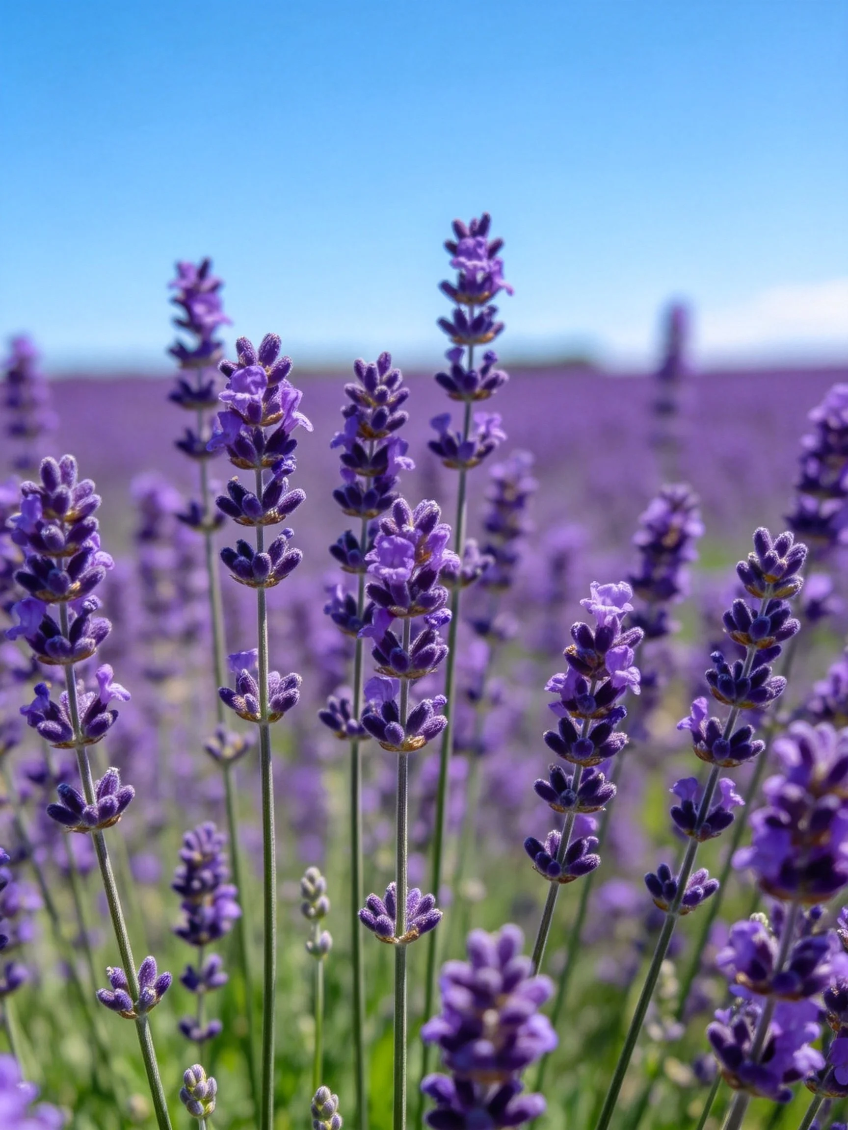 Vibrant purple lavender blooms stretch toward clear blue sky