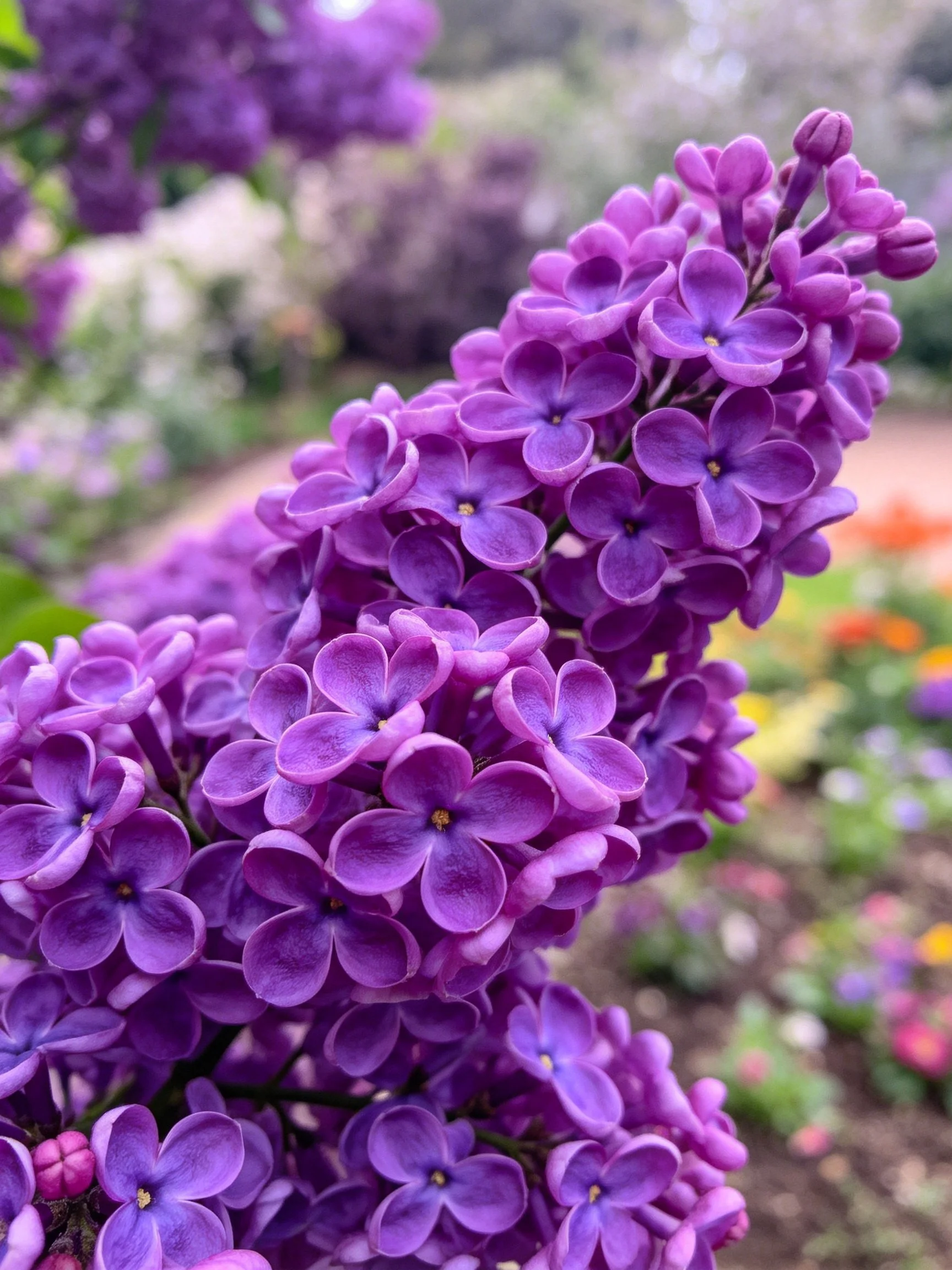 Vibrant purple lilac blooms clustered in a garden setting