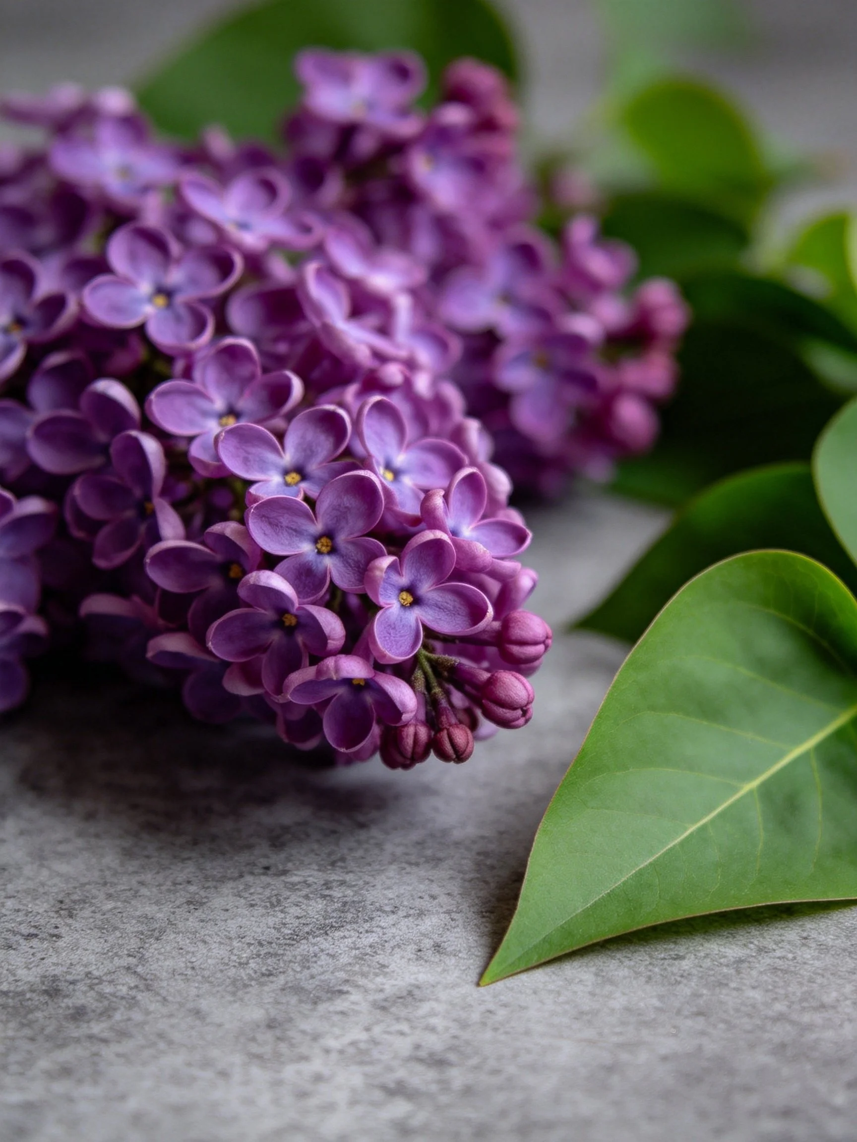 Vibrant purple lilac blooms with lush green leaves on a textured gray surface