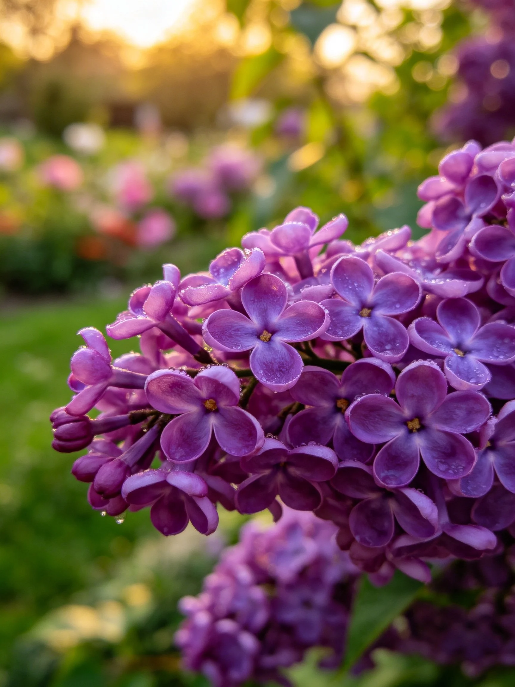 Vibrant purple lilac clusters with dewdrops under golden sunlight