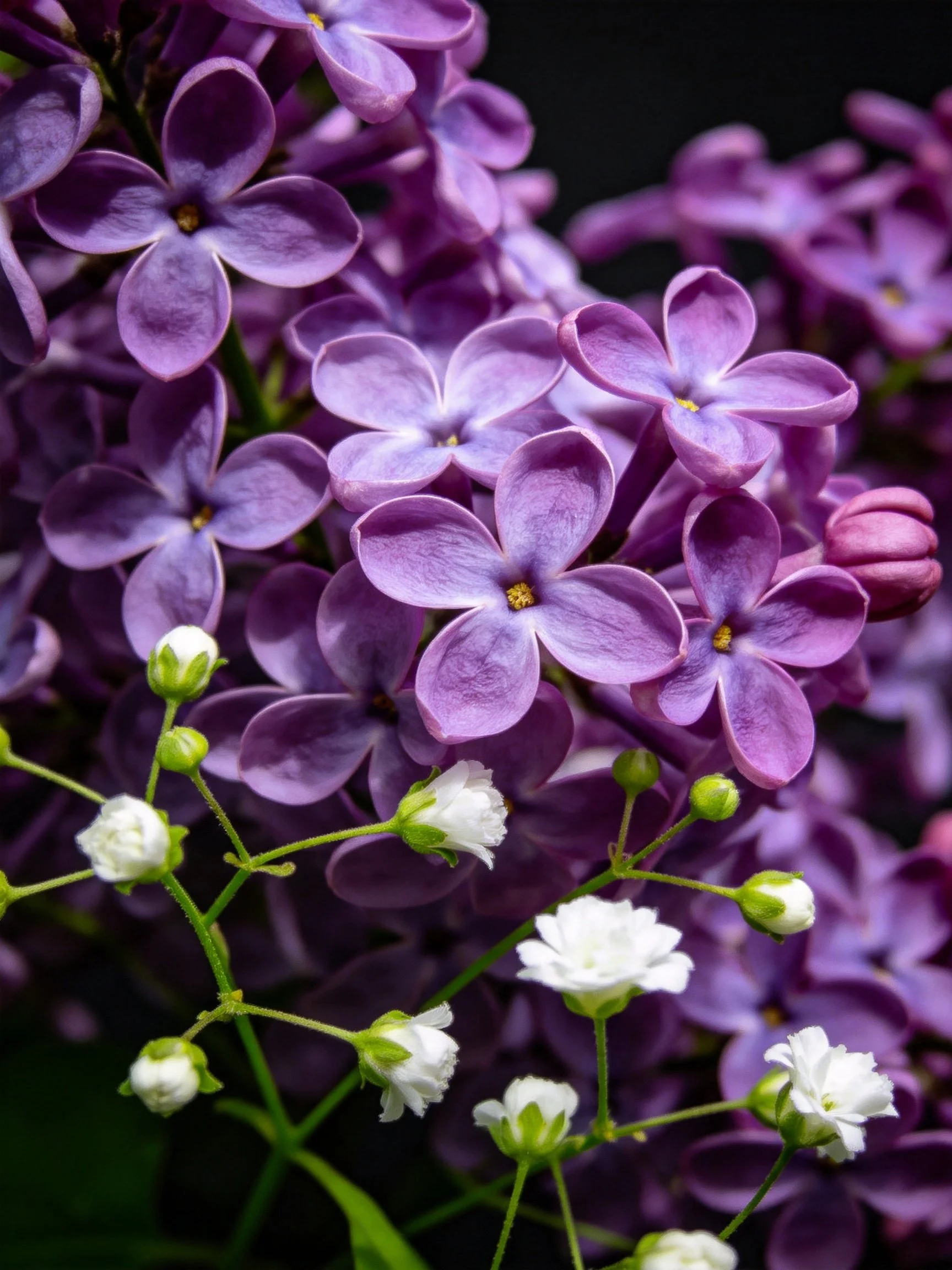 Vibrant purple lilacs with delicate white blooms