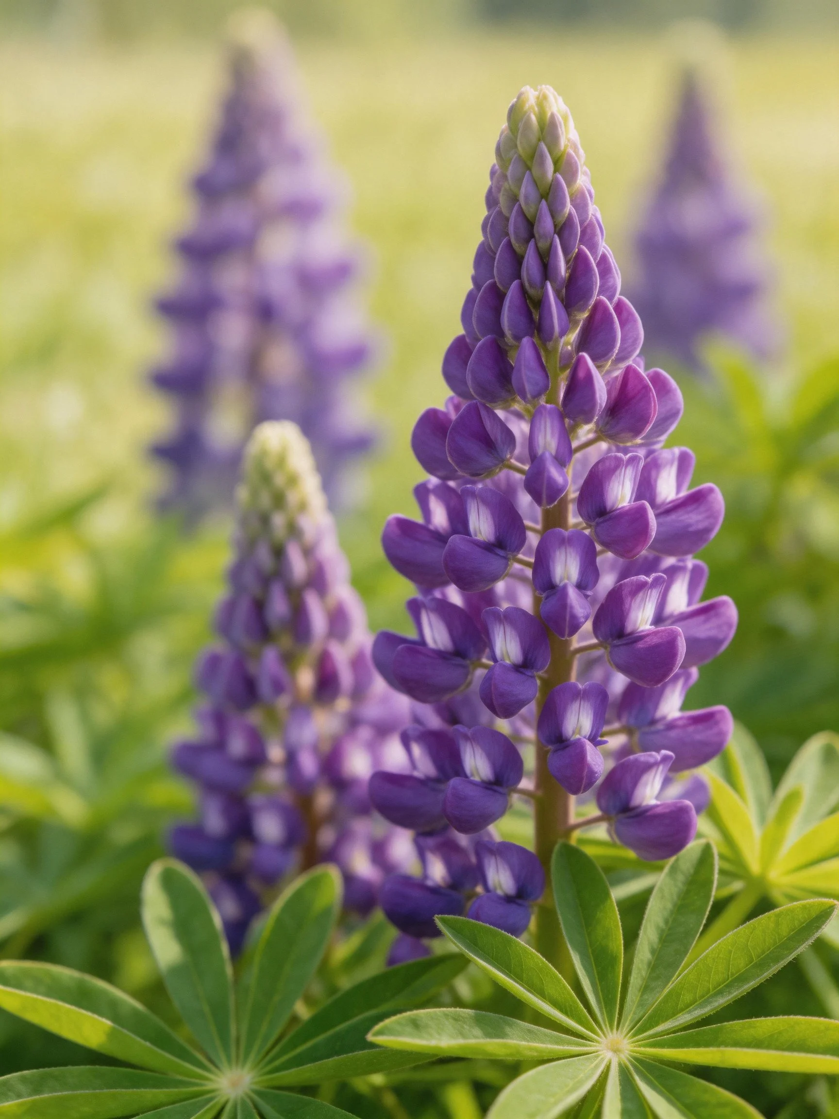 Vibrant purple lupine blooms with lush green foliage in a sunlit meadow