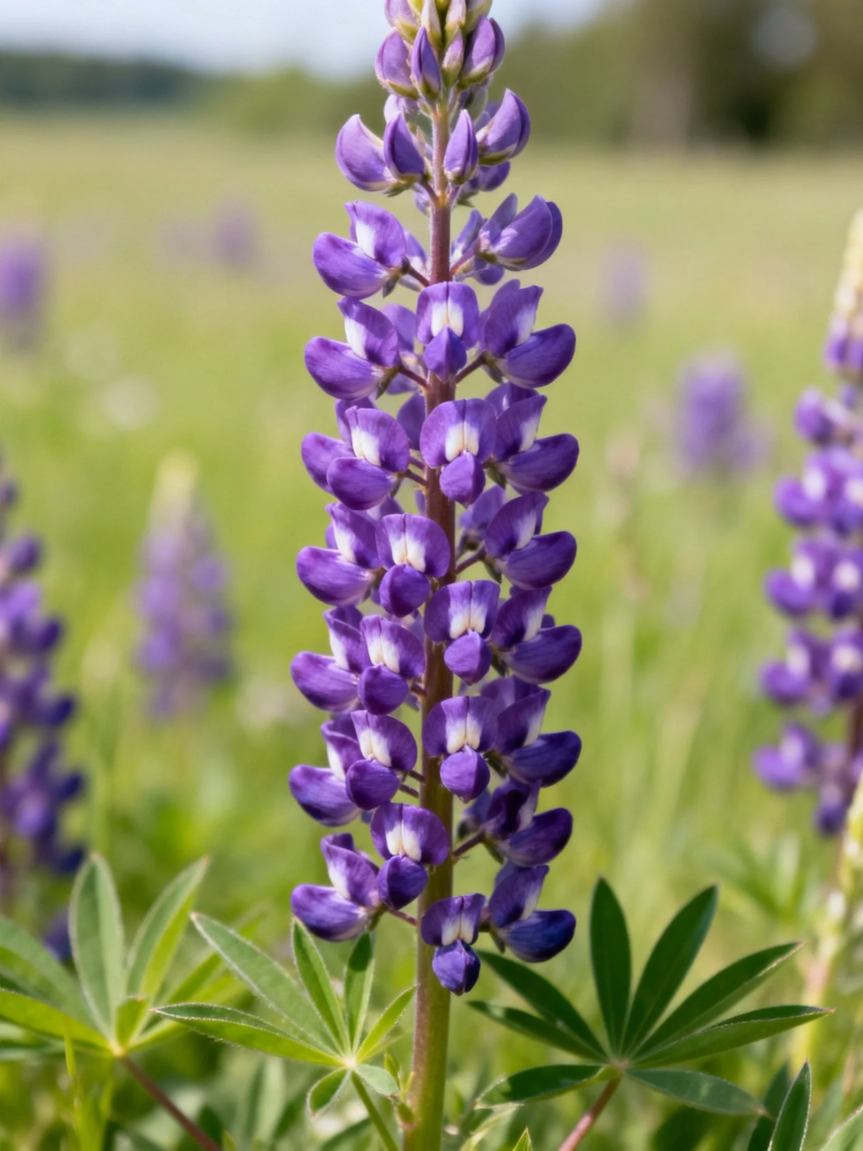 Vibrant purple lupine flowers stand tall among green foliage