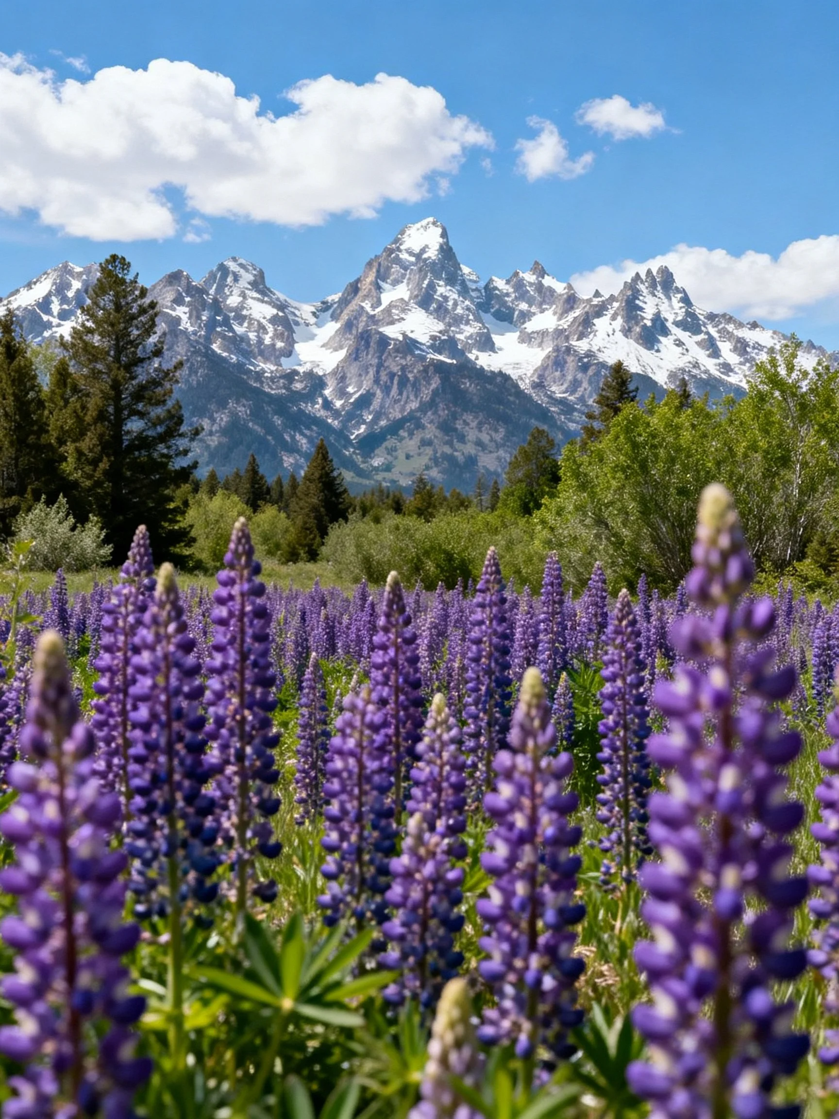 Vibrant purple lupine meadow near green forests and snow-capped mountains