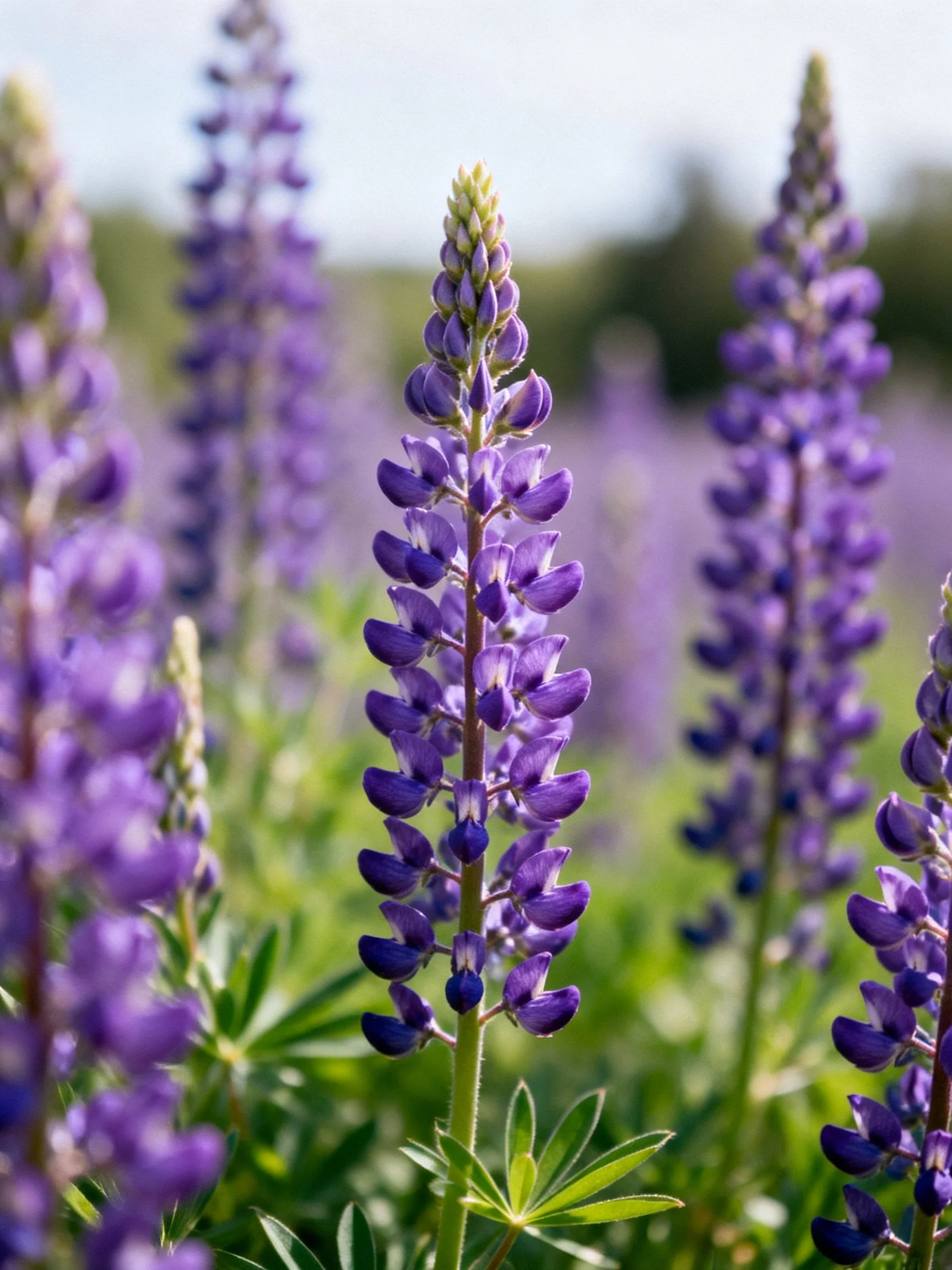 Vibrant purple lupine stalks in a sunlit meadow