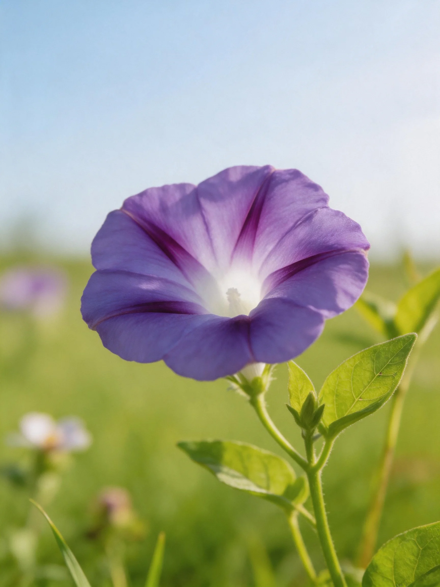 Vibrant purple morning glory blooming in sunlit meadow