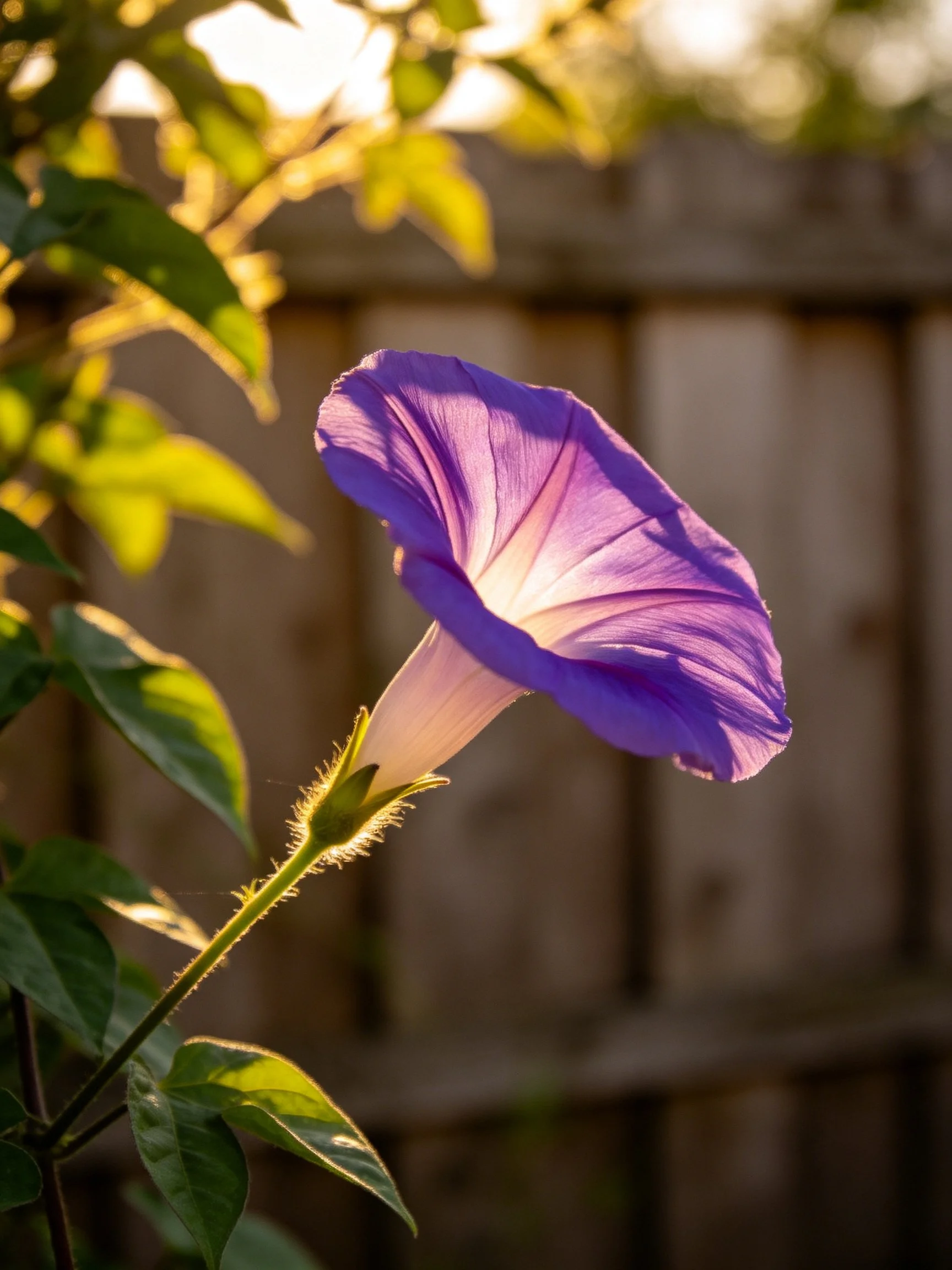 Vibrant purple morning glory blooms near wooden fence