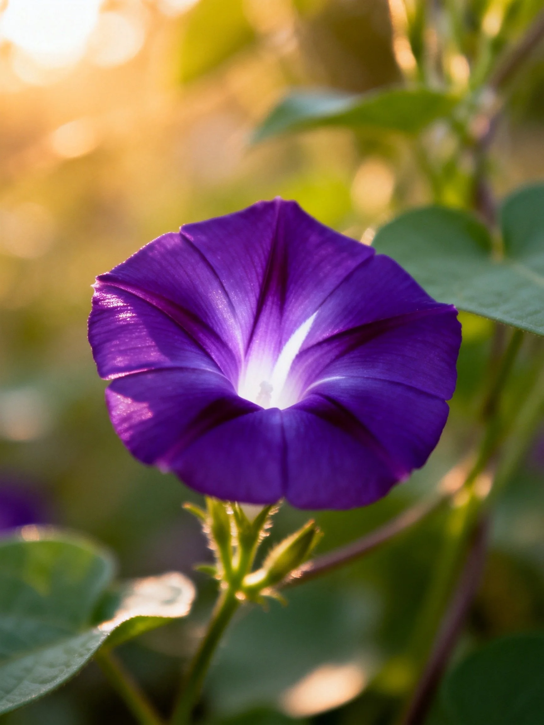 Vibrant purple morning glory flower illuminated by golden sunlight