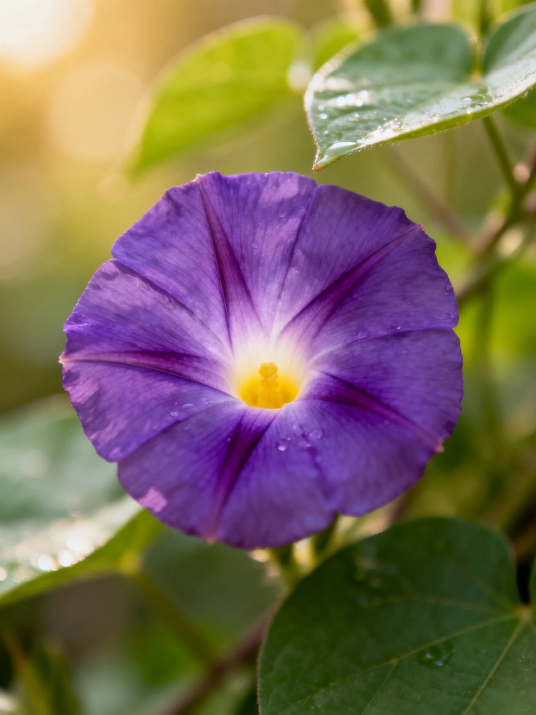 Vibrant purple morning glory flower with green foliage and dew drops