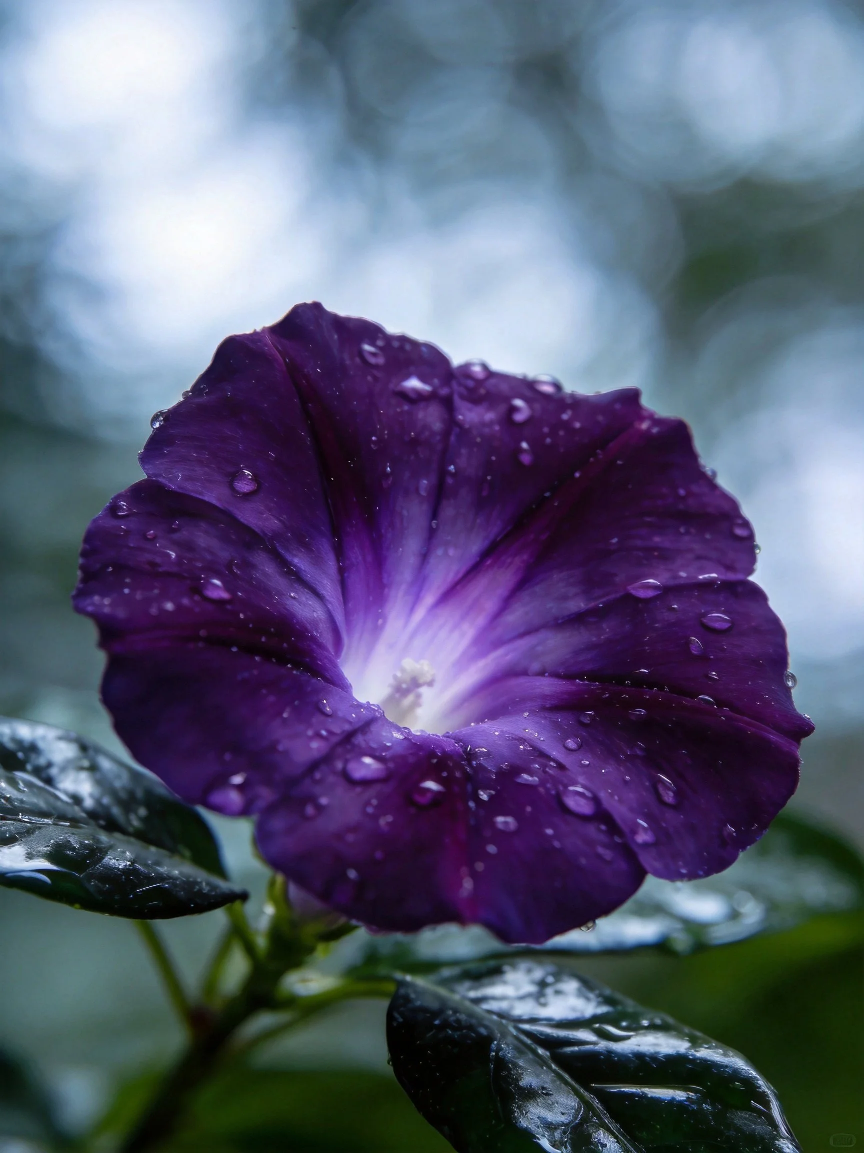 Vibrant purple morning glory flower with water droplets