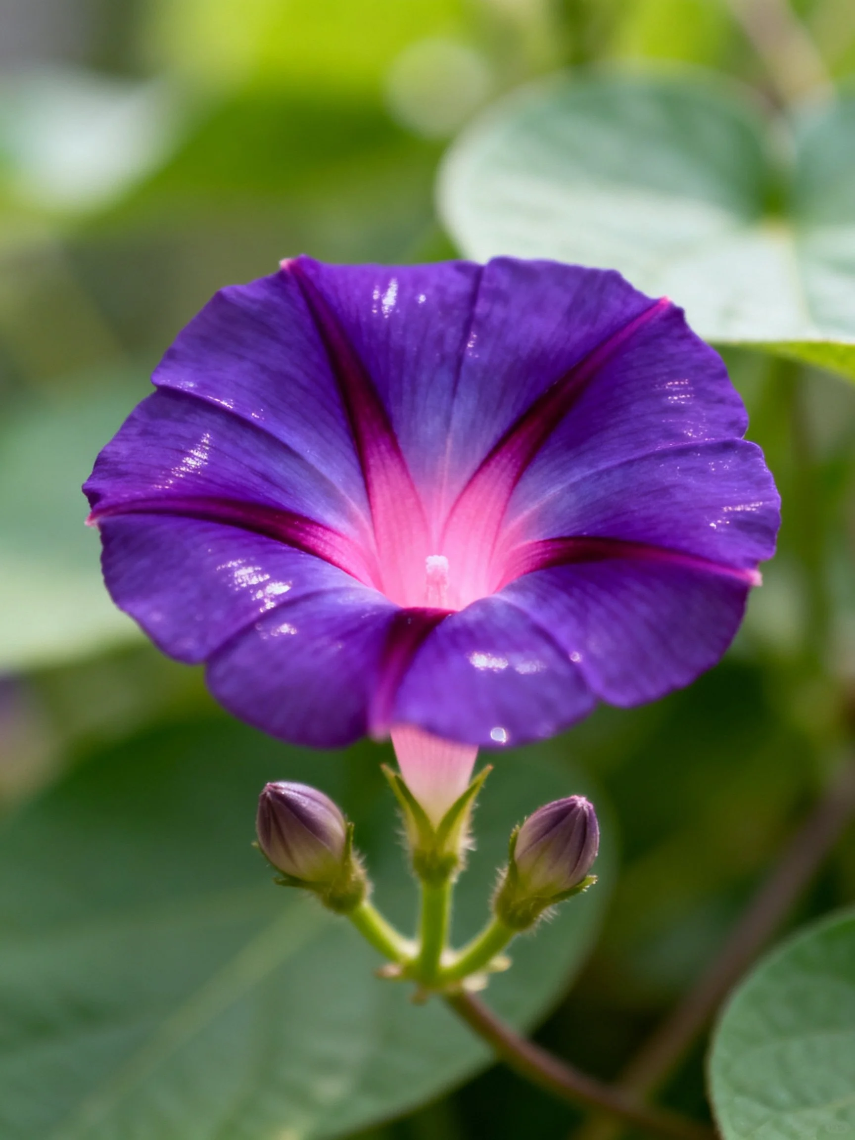 Vibrant purple morning glory with pink center and two buds