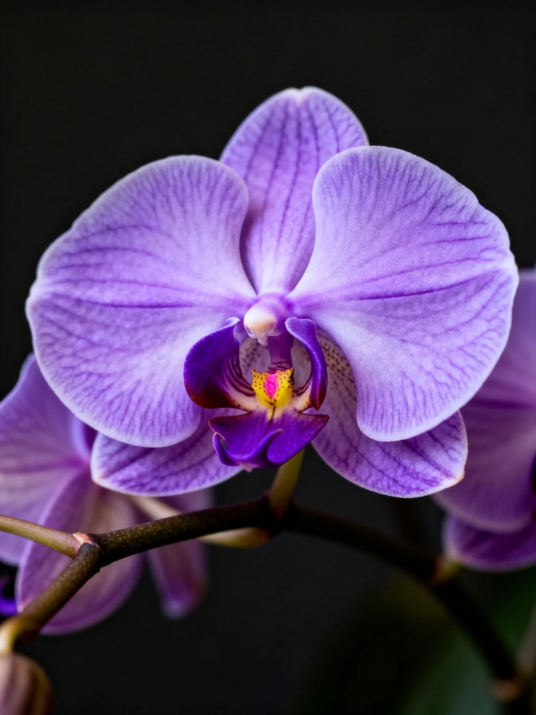 Vibrant purple orchid blooms sharply focused against dark backdrop
