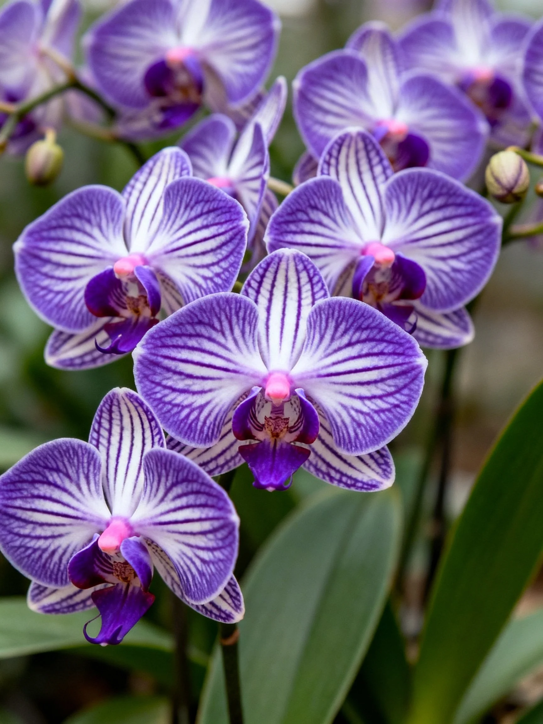 Vibrant purple orchid cluster with white striped petals