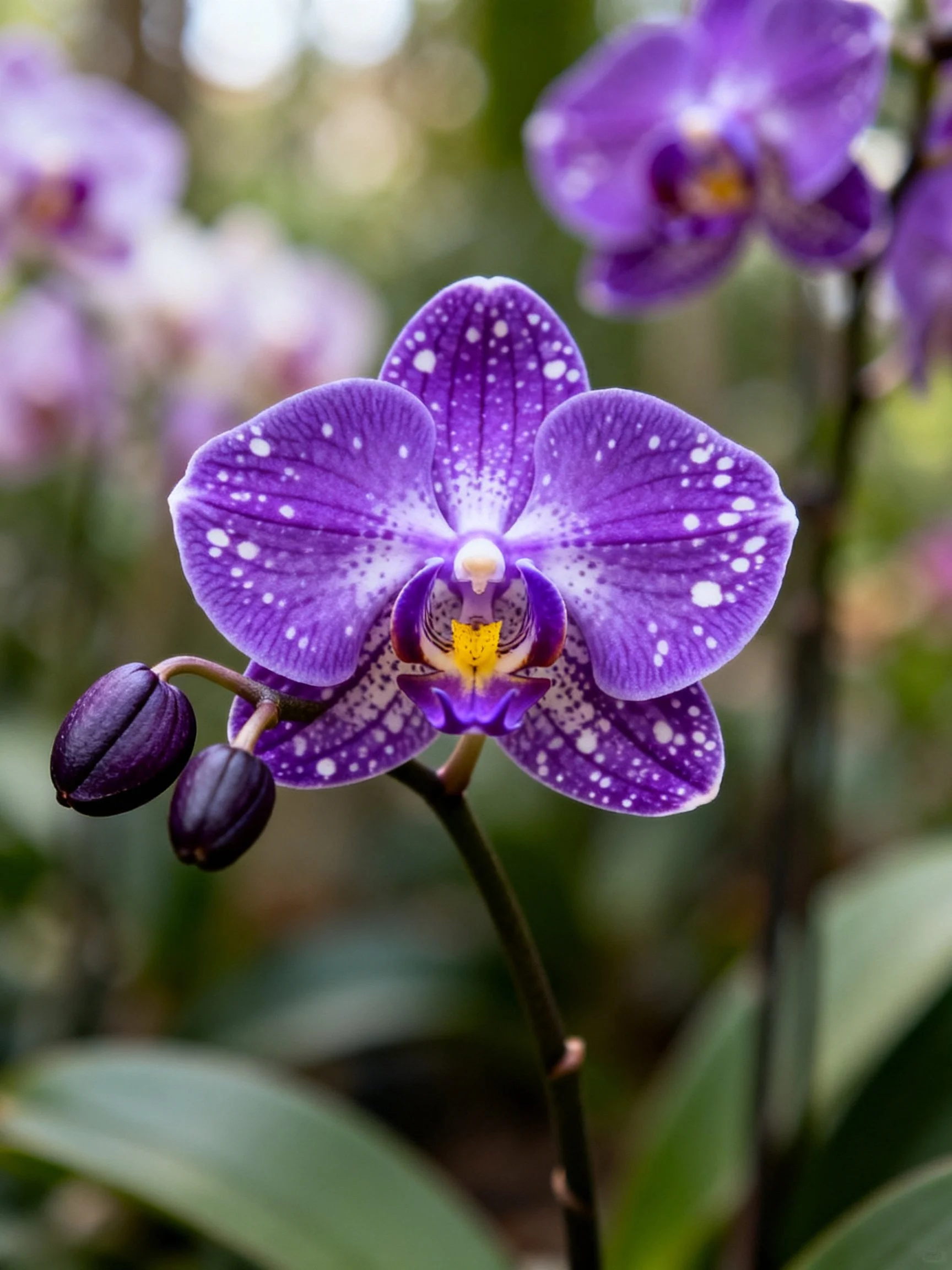 Vibrant purple orchid with white speckles and unopened buds