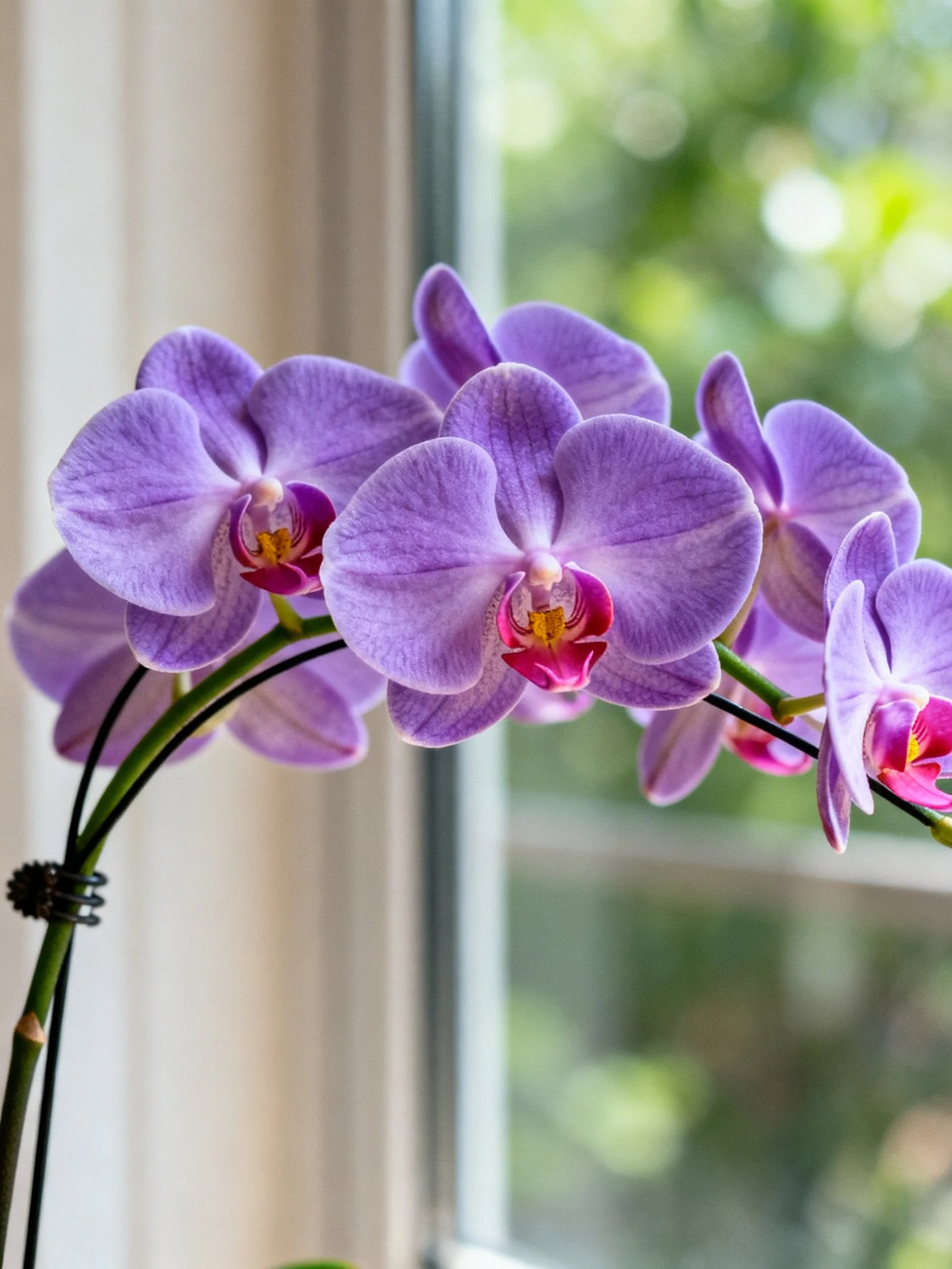 Vibrant purple orchids bloom near a sunlit window with greenery outside
