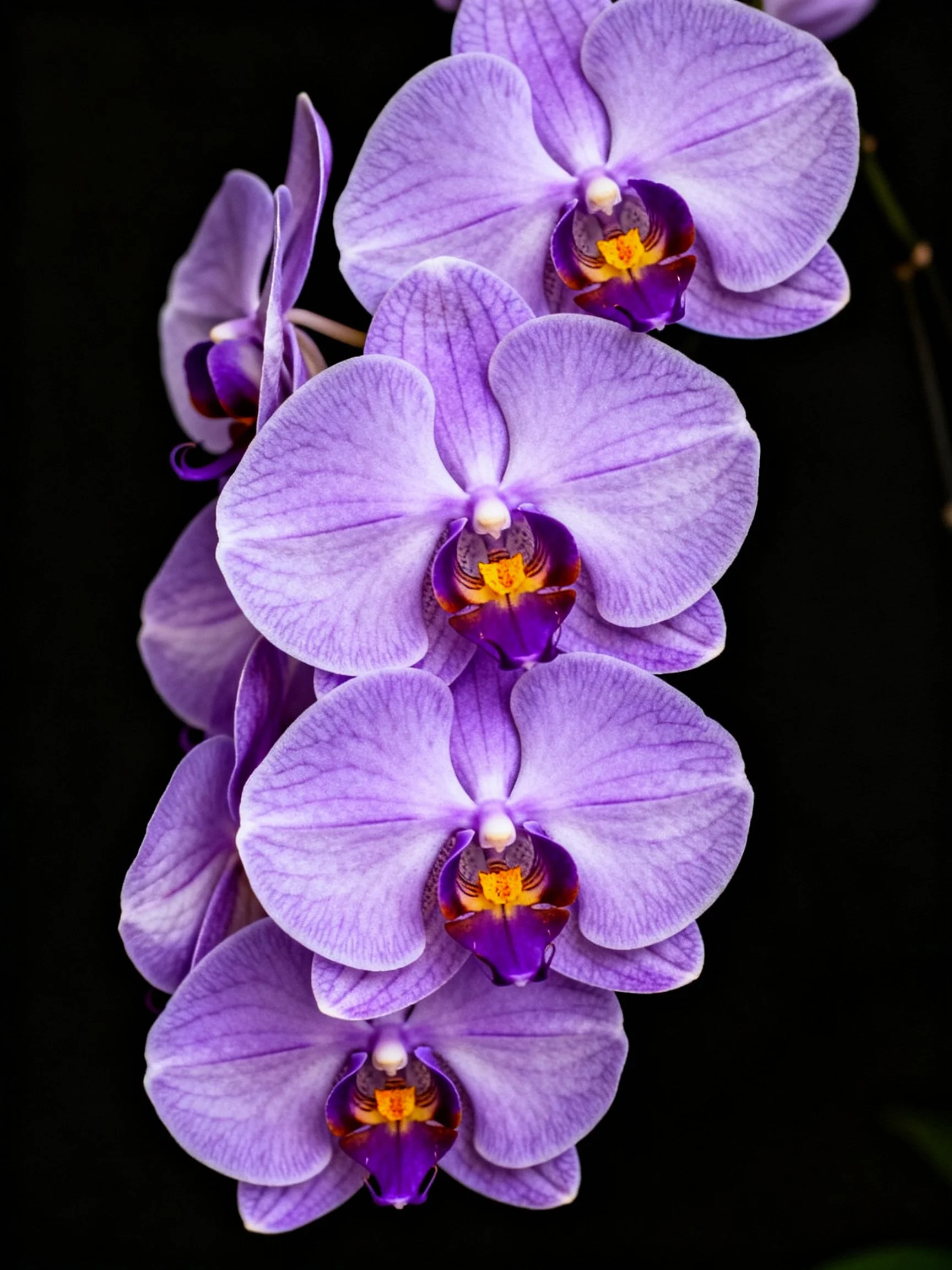 Vibrant purple orchids cluster with dark centers and yellow accents