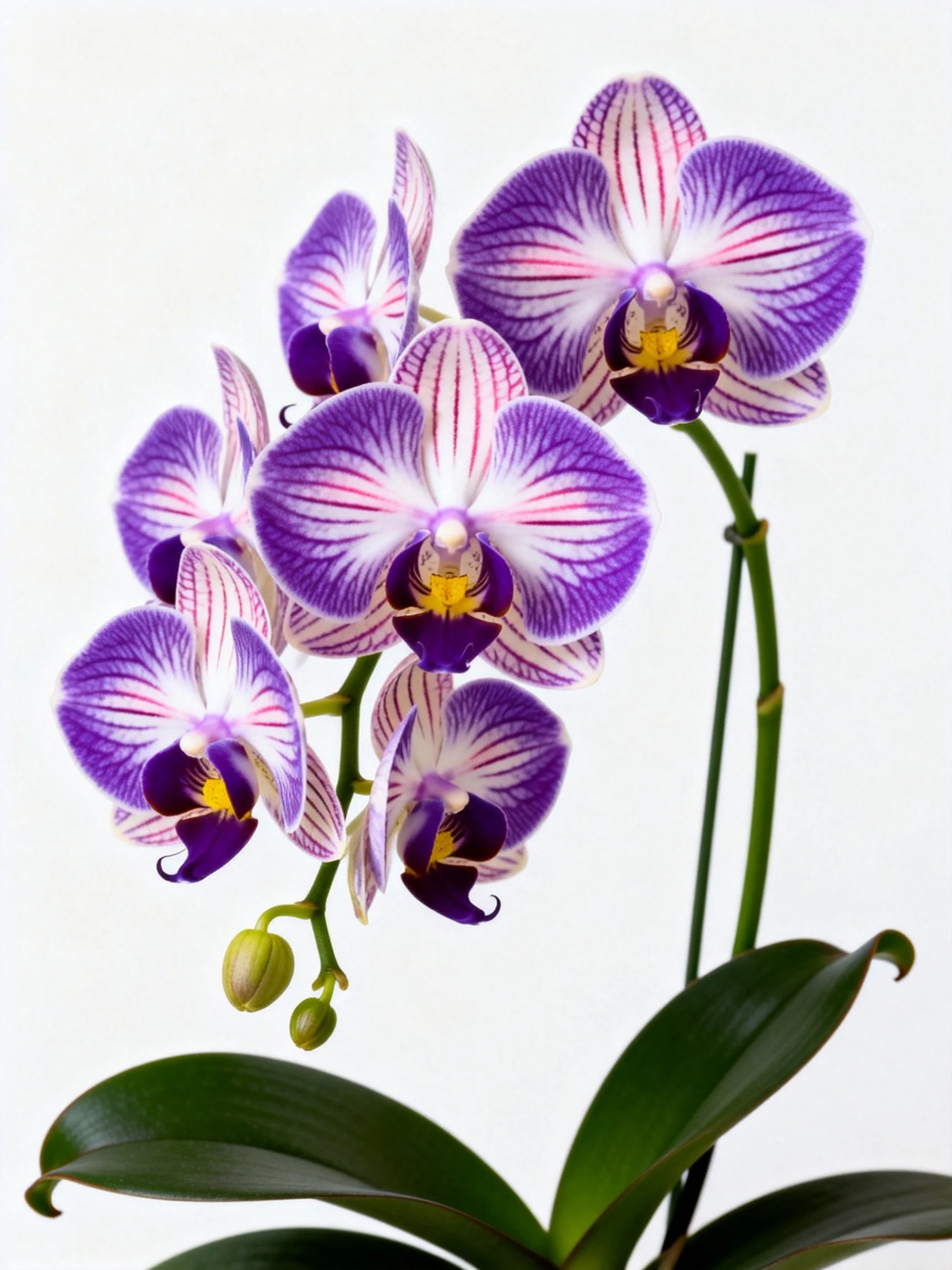 Vibrant purple orchids with pink stripes, five blooms, glossy green leaves