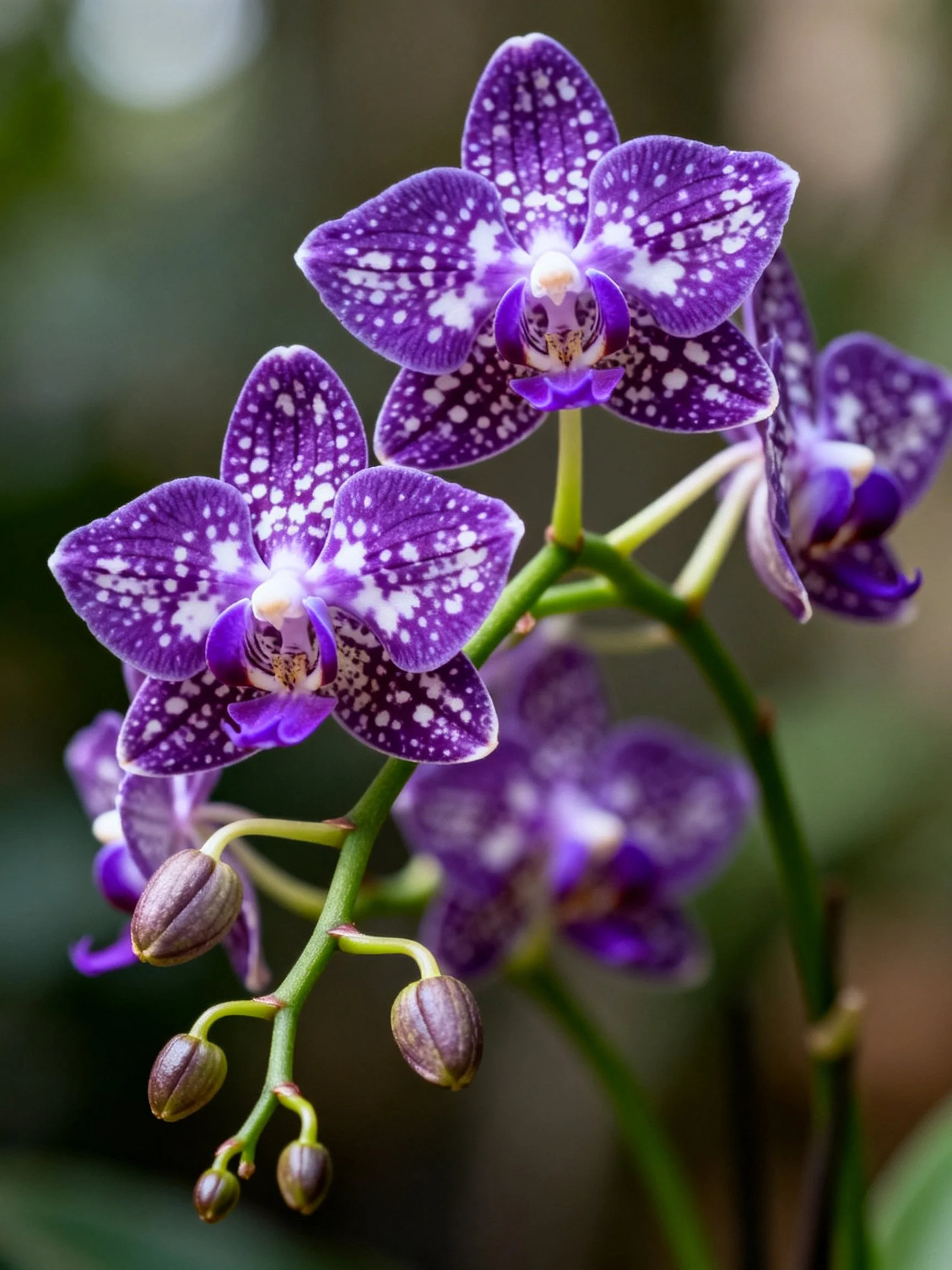 Vibrant purple orchids with white speckles and unopened buds