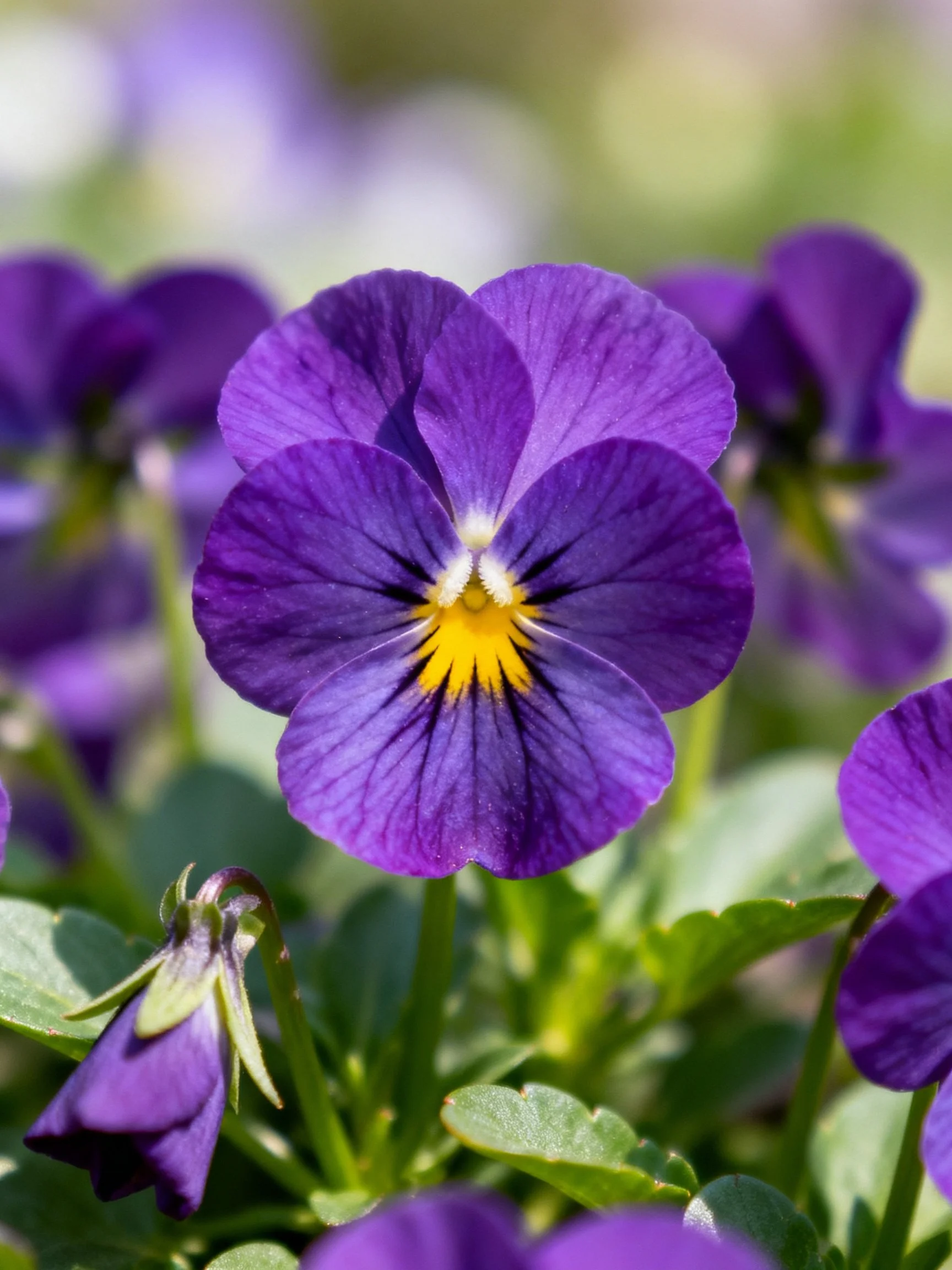 Vibrant purple pansies with bright yellow centers amid green foliage