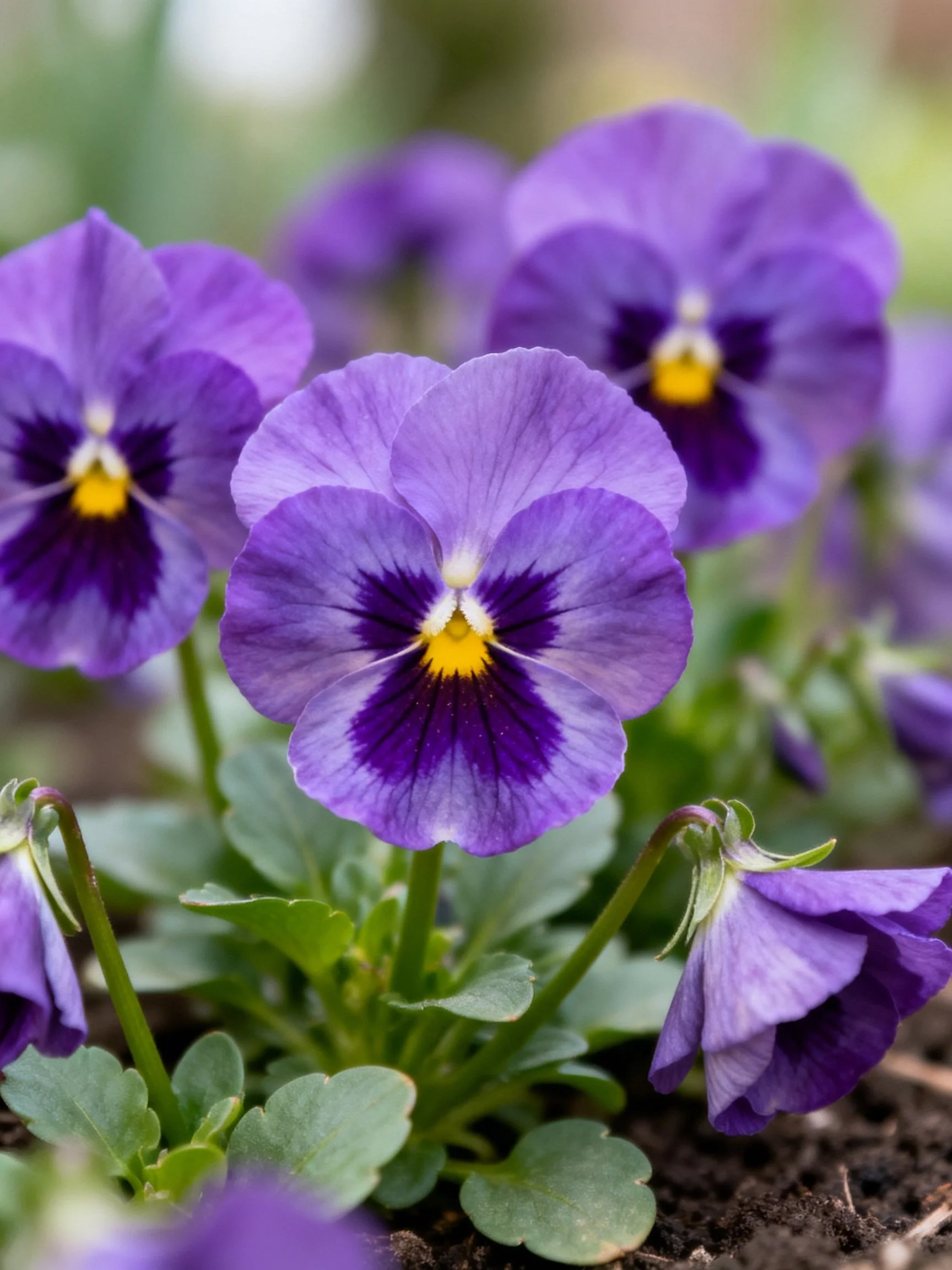 Vibrant purple pansies with dark centers and yellow stamens