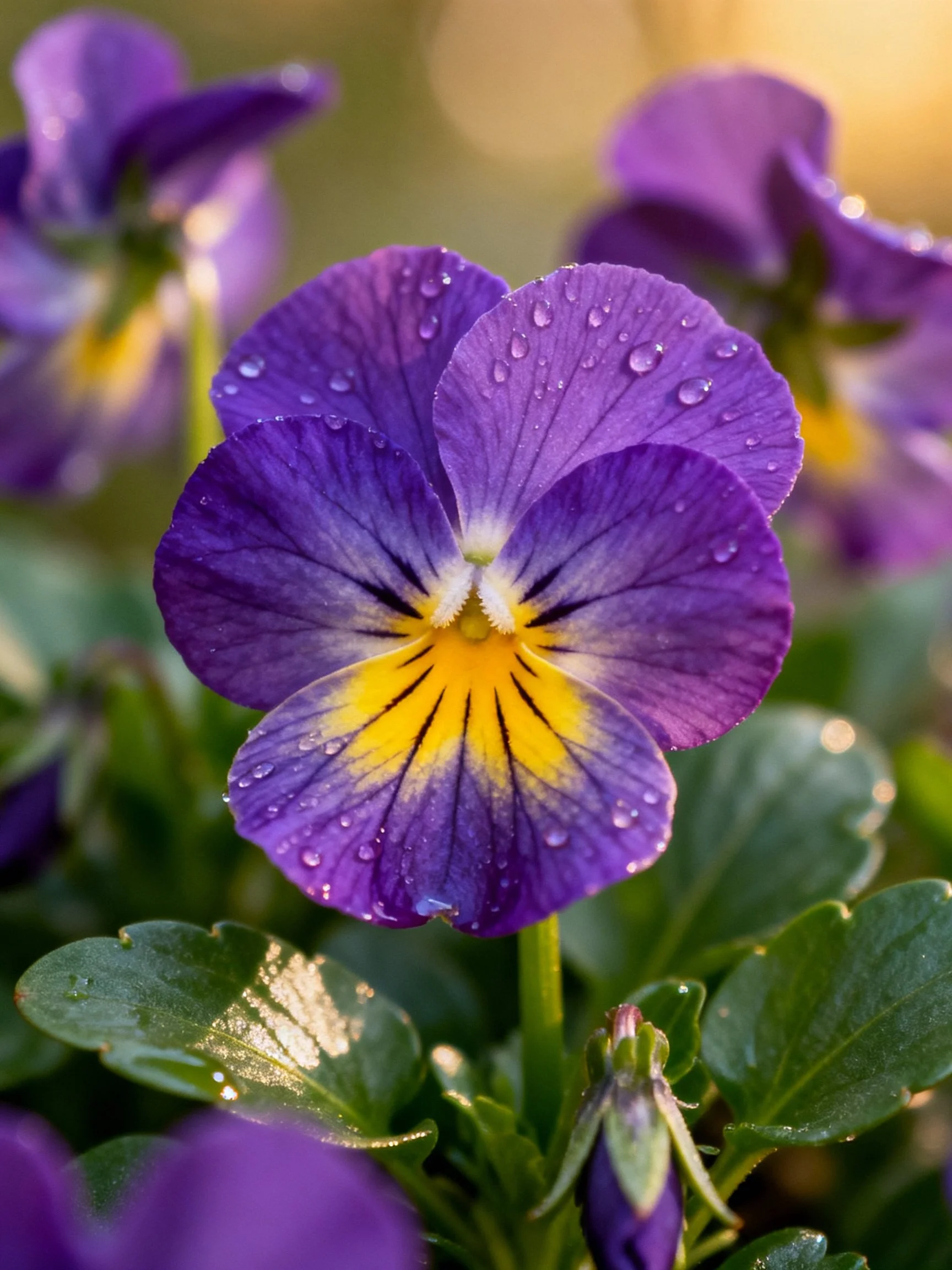 Vibrant purple pansy with water droplets, yellow center, green foliage