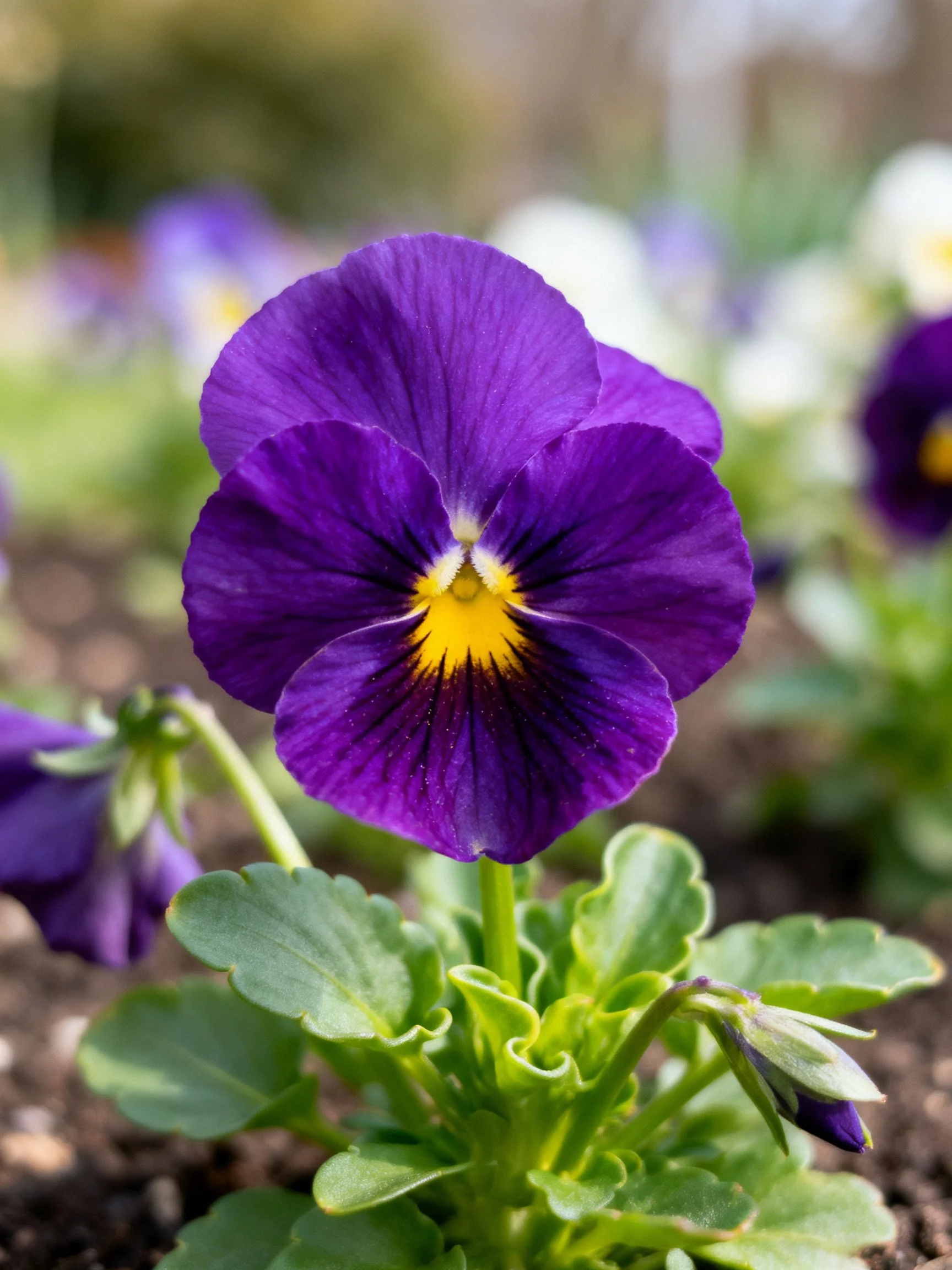 Vibrant purple pansy with yellow center amid green foliage