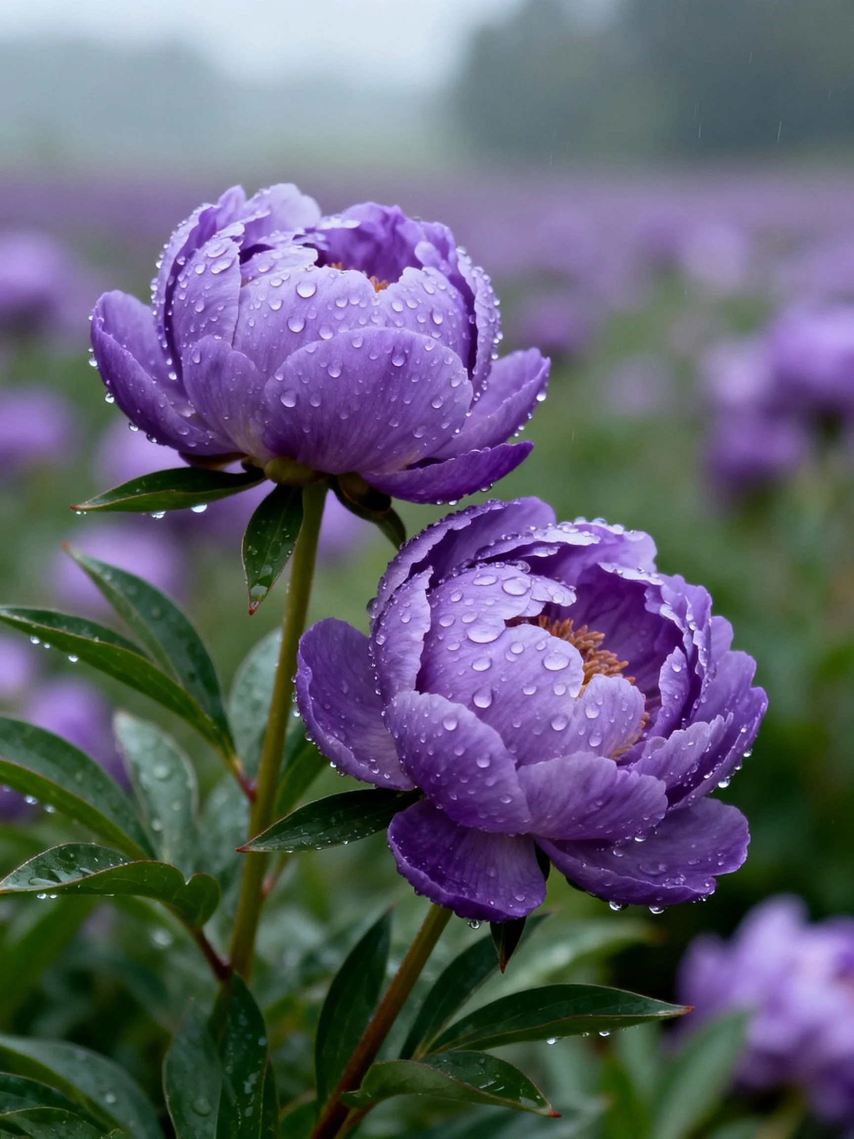 Vibrant purple peonies with glistening water droplets