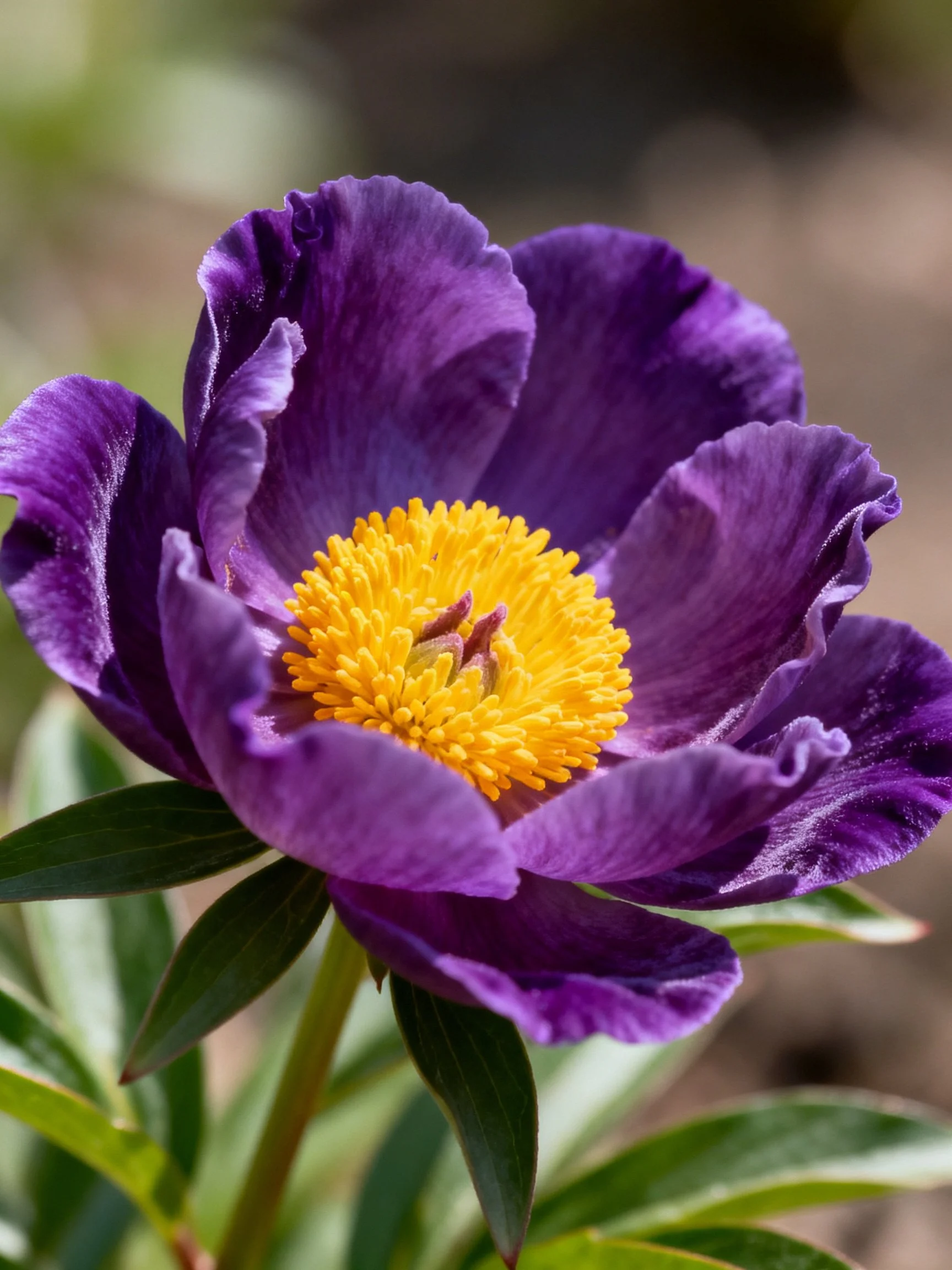 Vibrant purple peony with bright yellow center