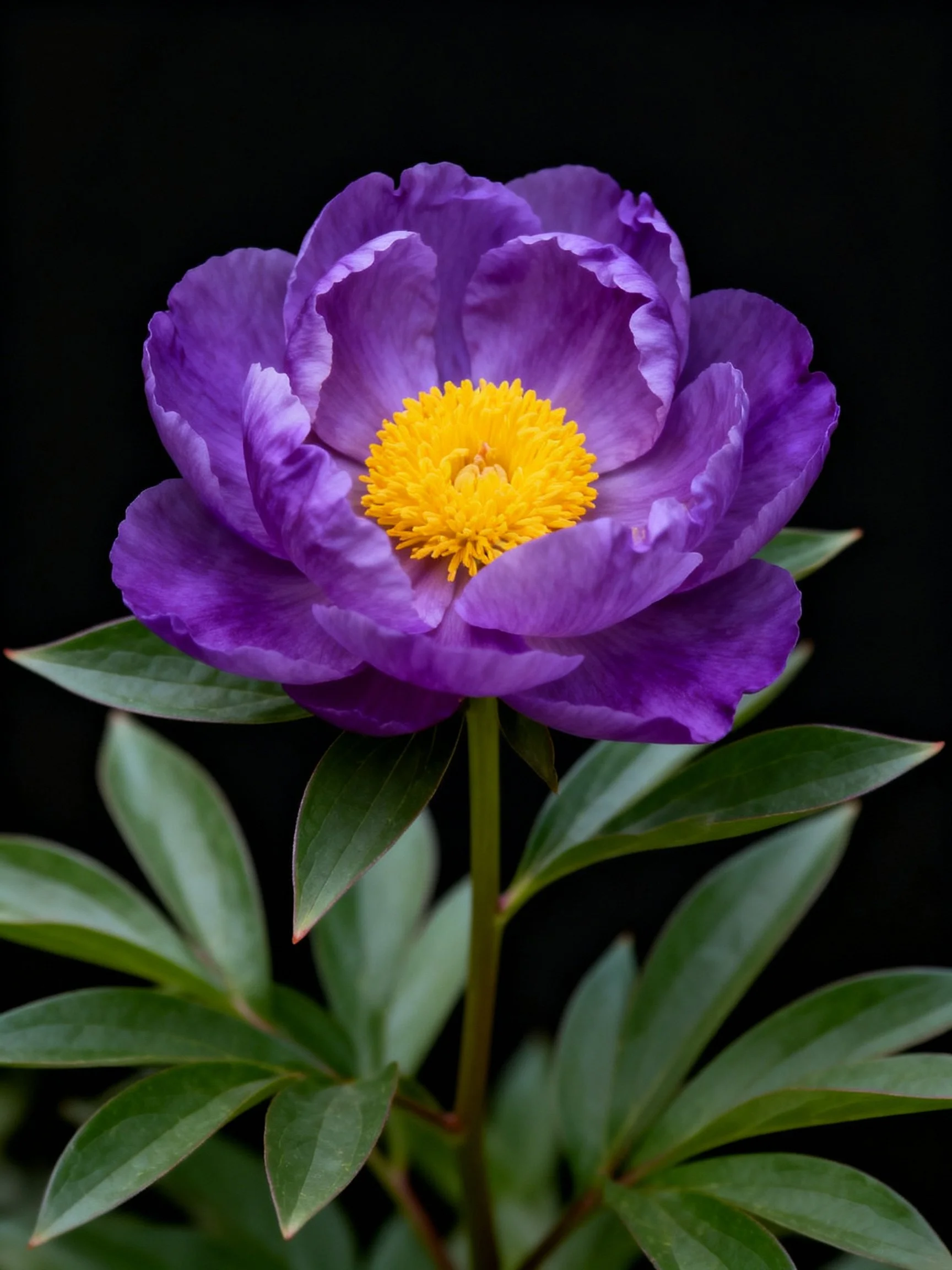 Vibrant purple peony with bright yellow center