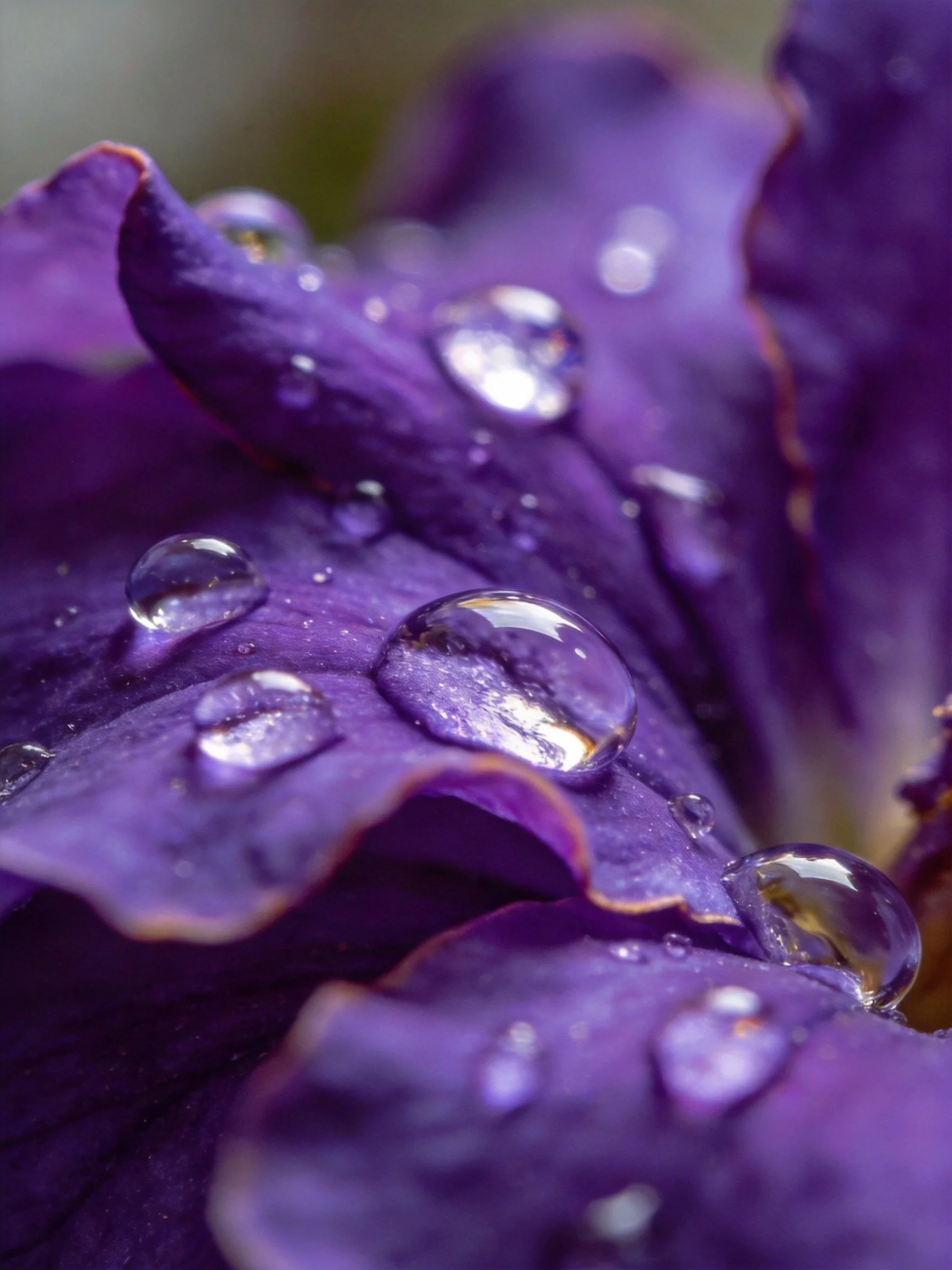 Vibrant purple petals dotted with multiple glistening water droplets