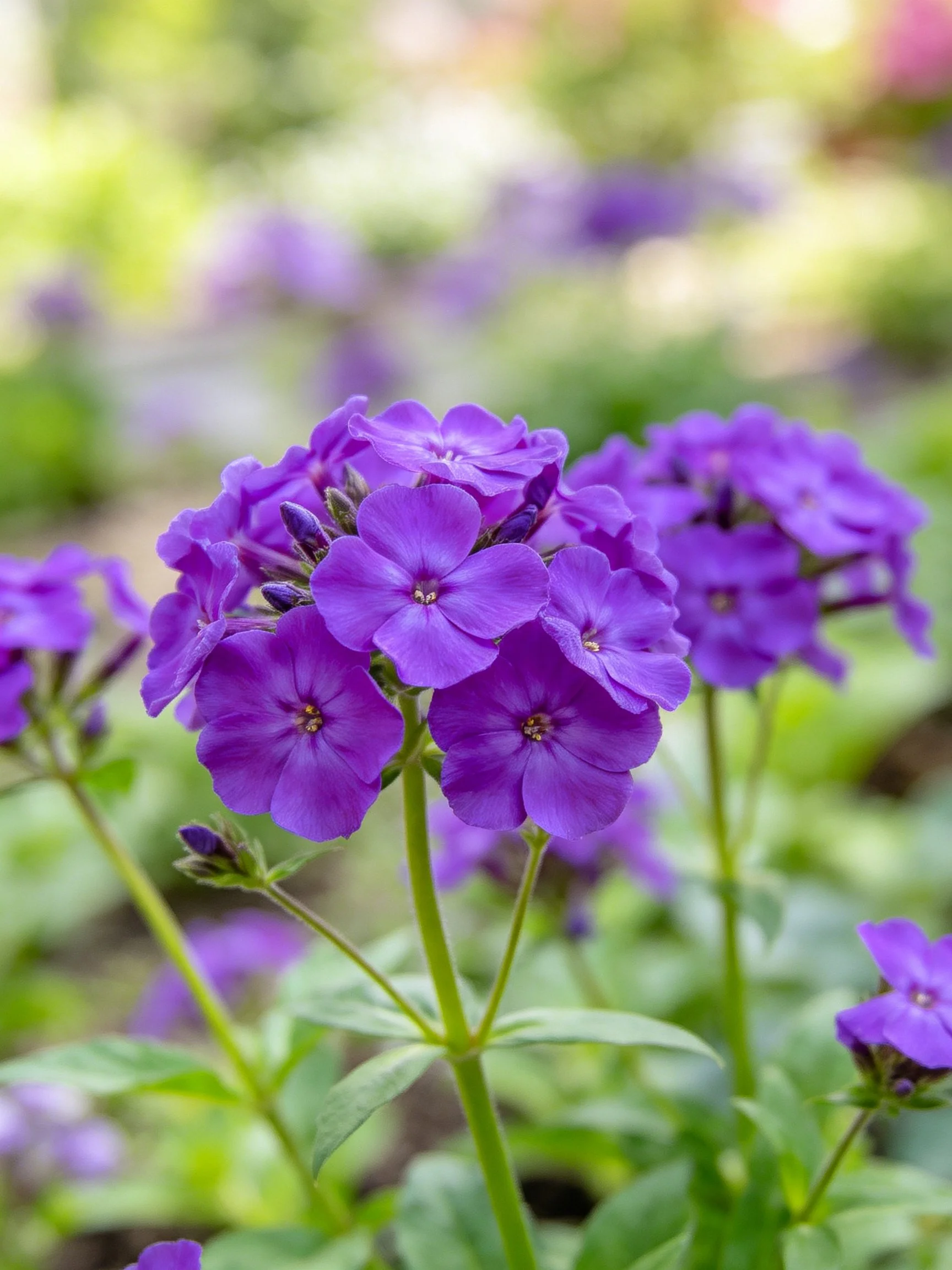 Vibrant purple phlox flower clusters with green stems and foliage