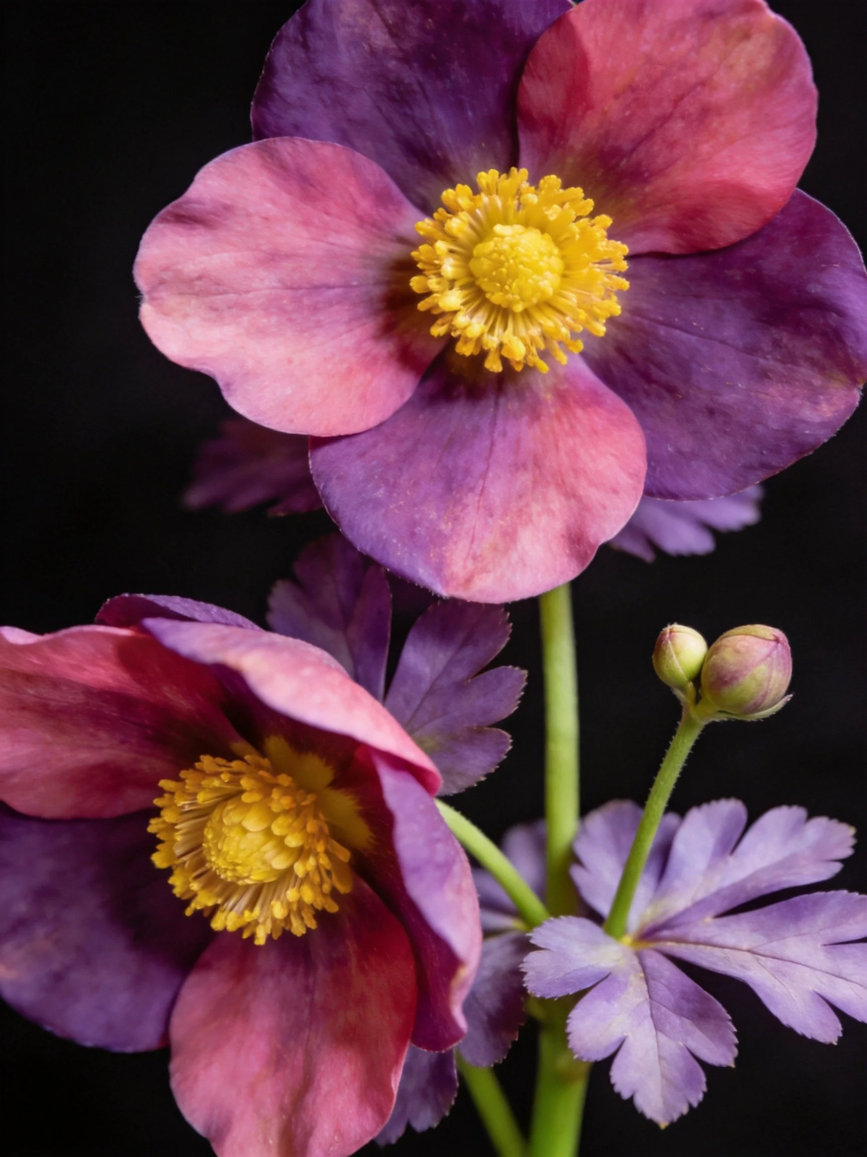 Vibrant purple-pink flowers with golden centers and buds