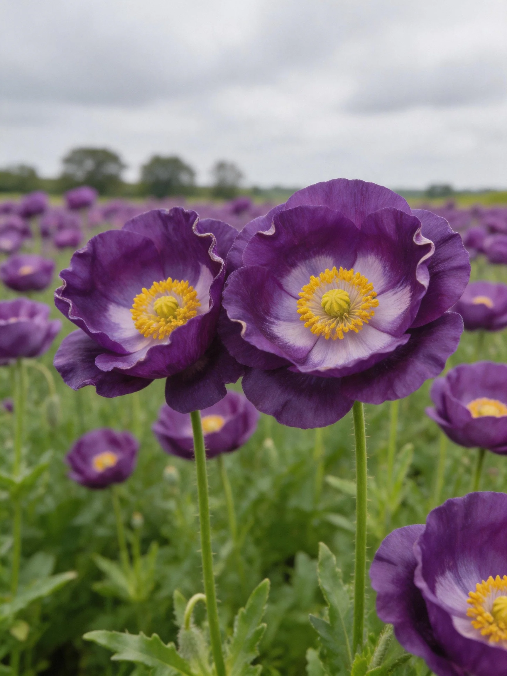 Vibrant purple poppies with yellow centers in a lush field