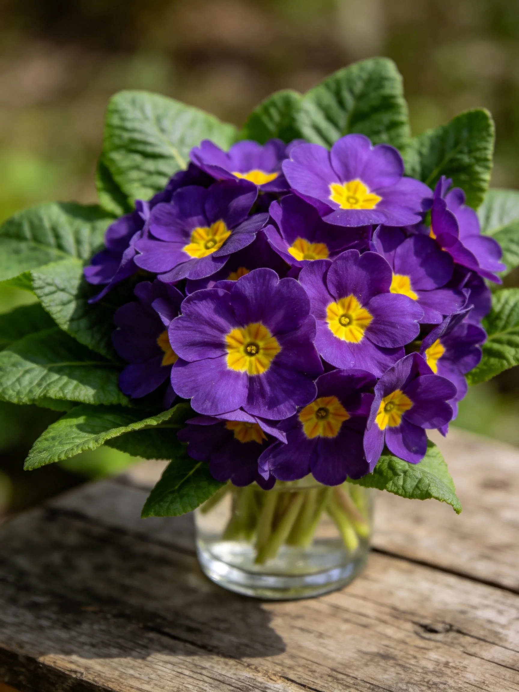 Vibrant purple primrose bouquet with yellow centers in glass jar